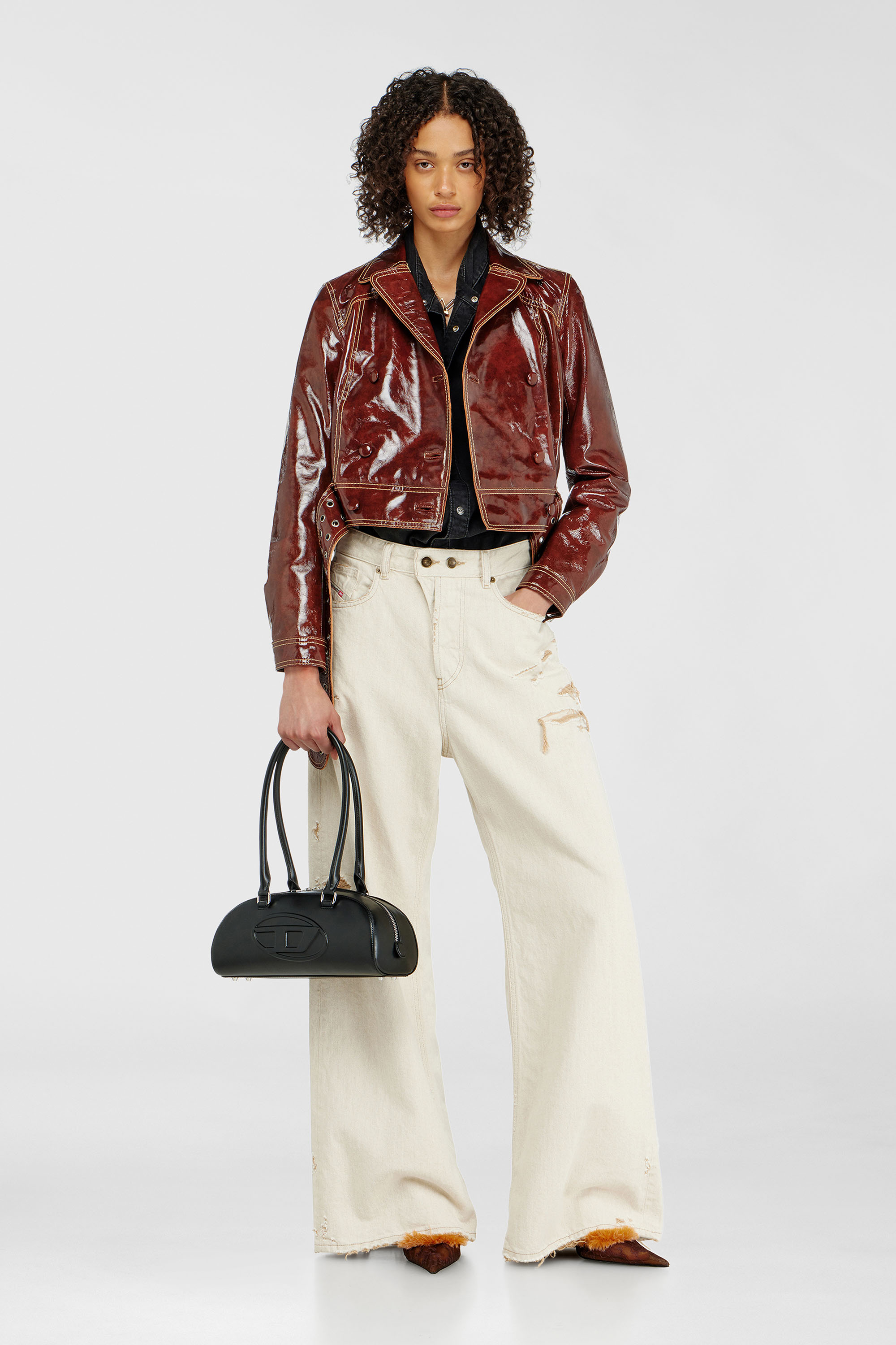 Diesel - L-EGEND, Damen Patent-leather jacket mit gro&szlig;em G&uuml;rtel in Braun - 1