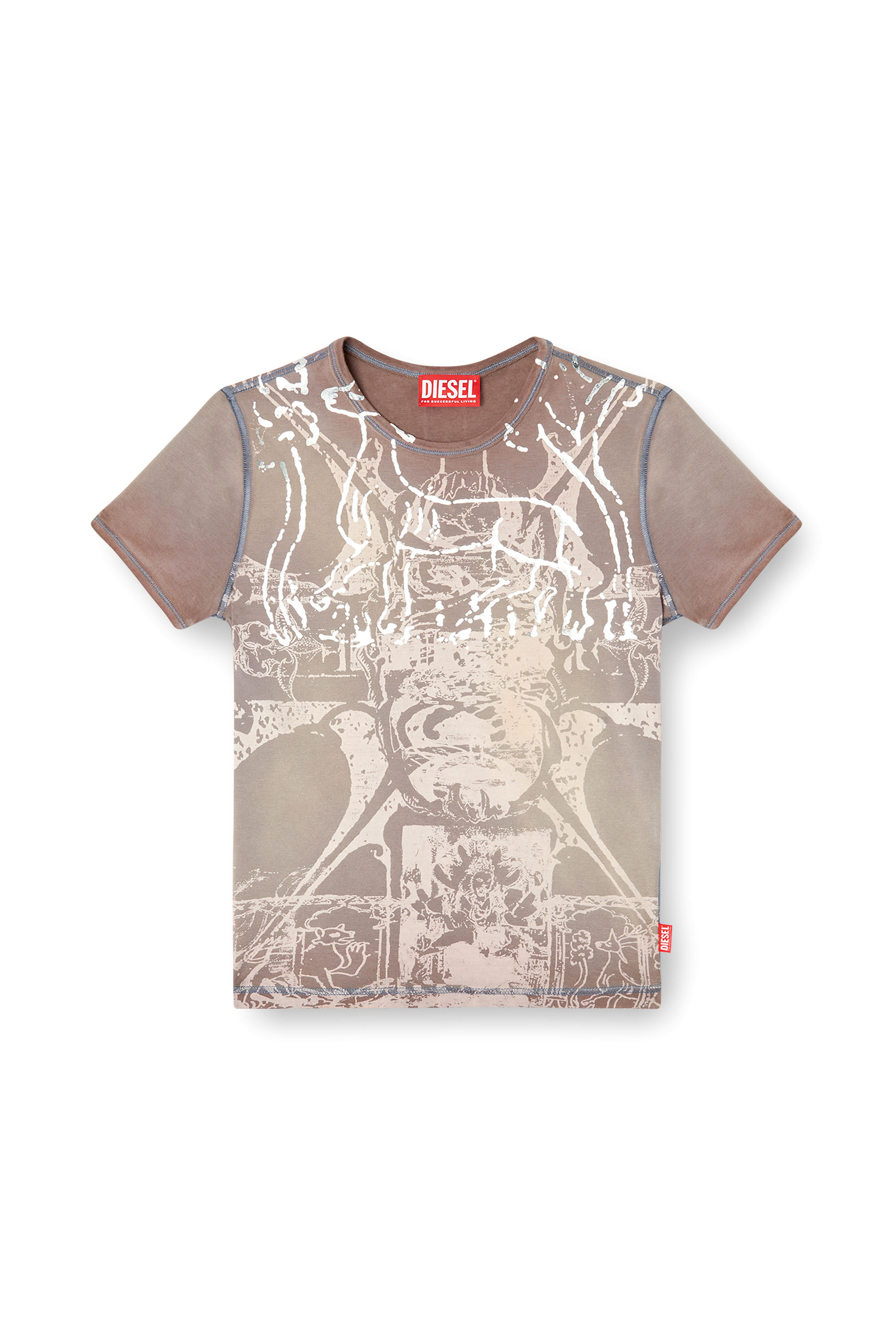 Diesel - T-UNCUTIES-LONG-R6, Damen T-Shirt mit Folien-Print in Hellbraun - 3