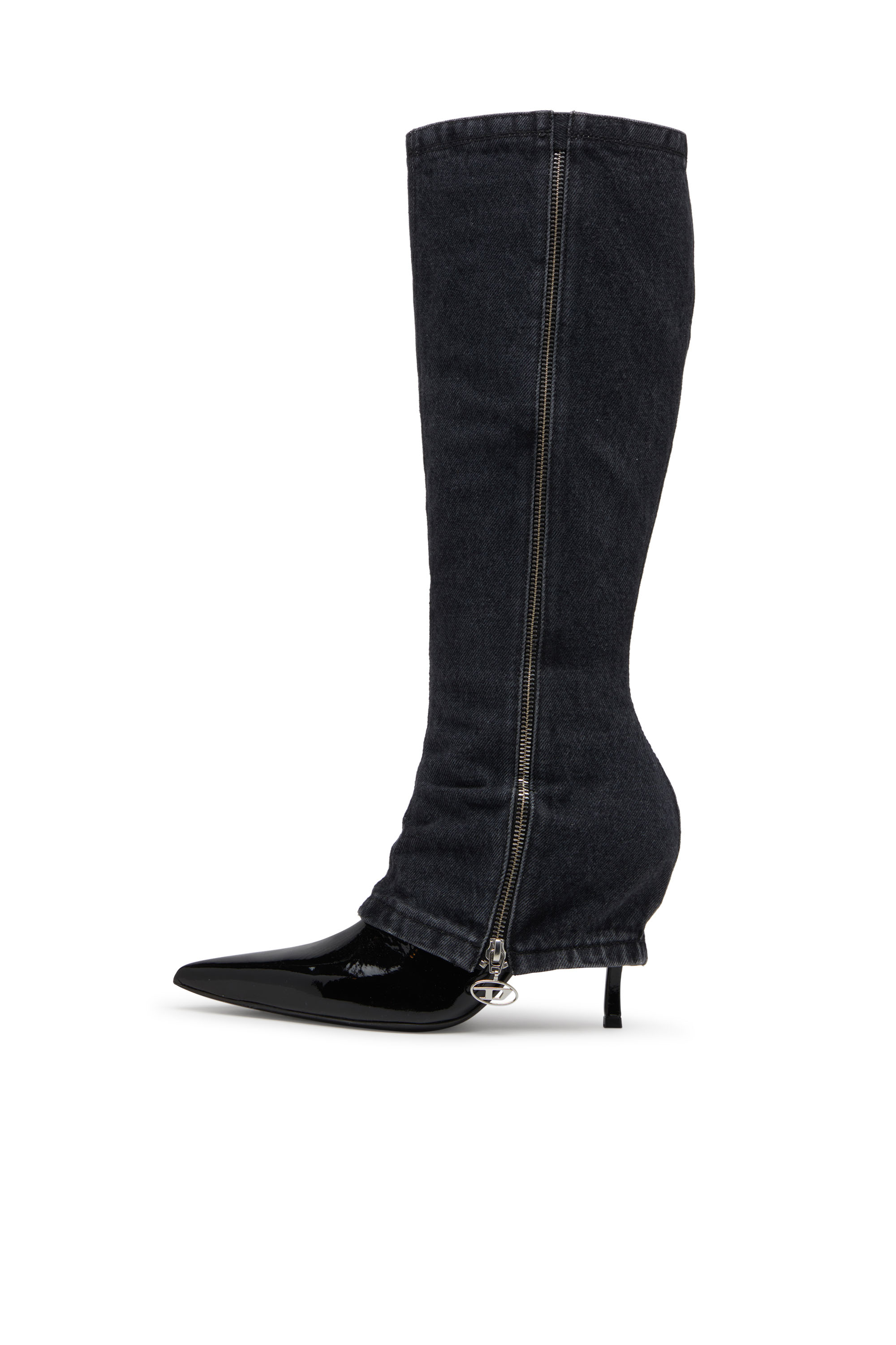 D-VENUS TWISTED BOOT, Schwarz Diesel - D-VENUS TWISTED BOOT, Damen D-Venus-Stiletto-Kniestiefel mit Jeans-Trompe l'œil in Schwarz - 6