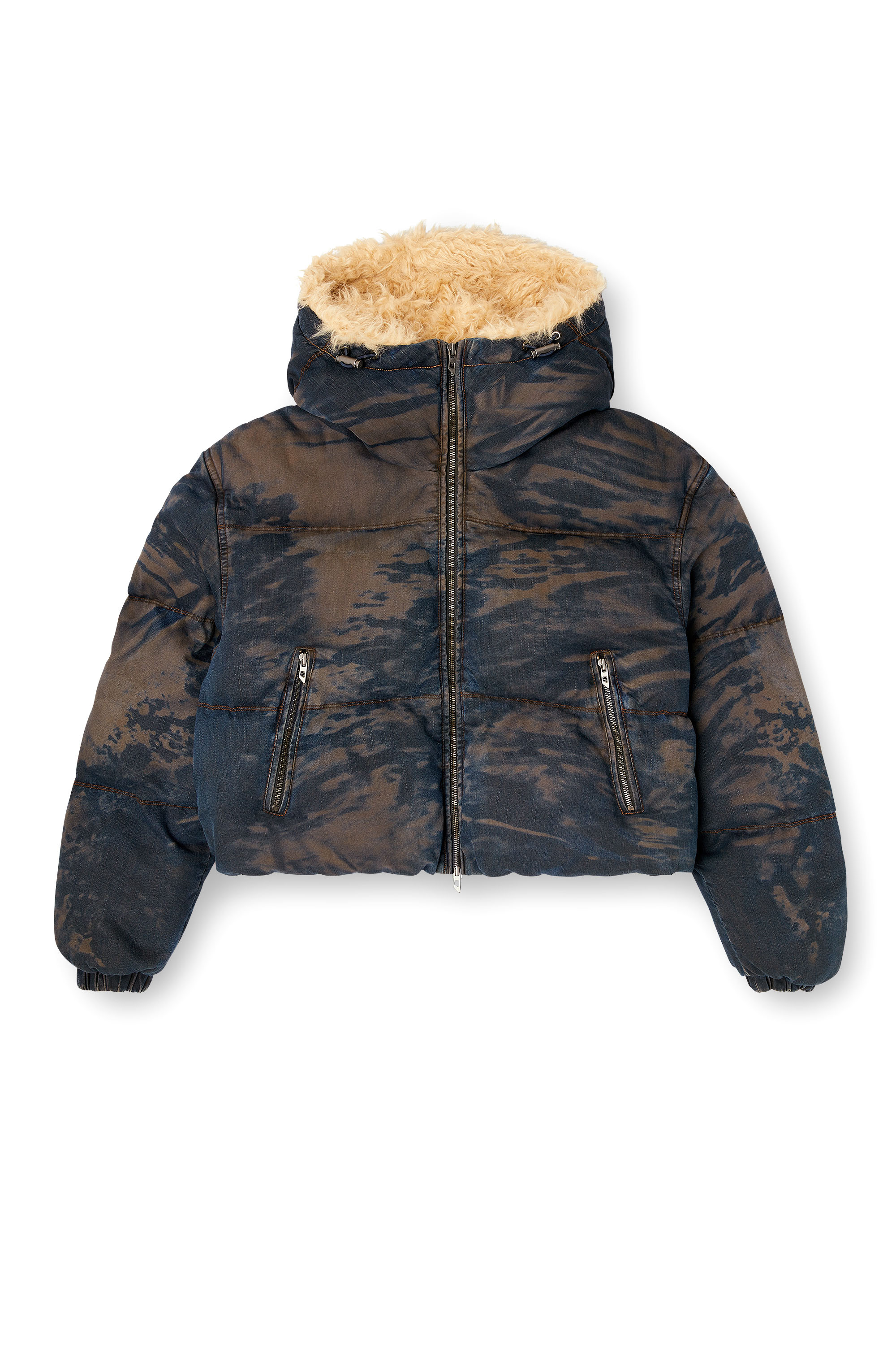 Diesel - W-AVES-FUR, Damen Daunen-Jacke mit Kapuze aus Denim mit Camo-Muster im Schmutz-Effekt in Schwarz/Braun - 3