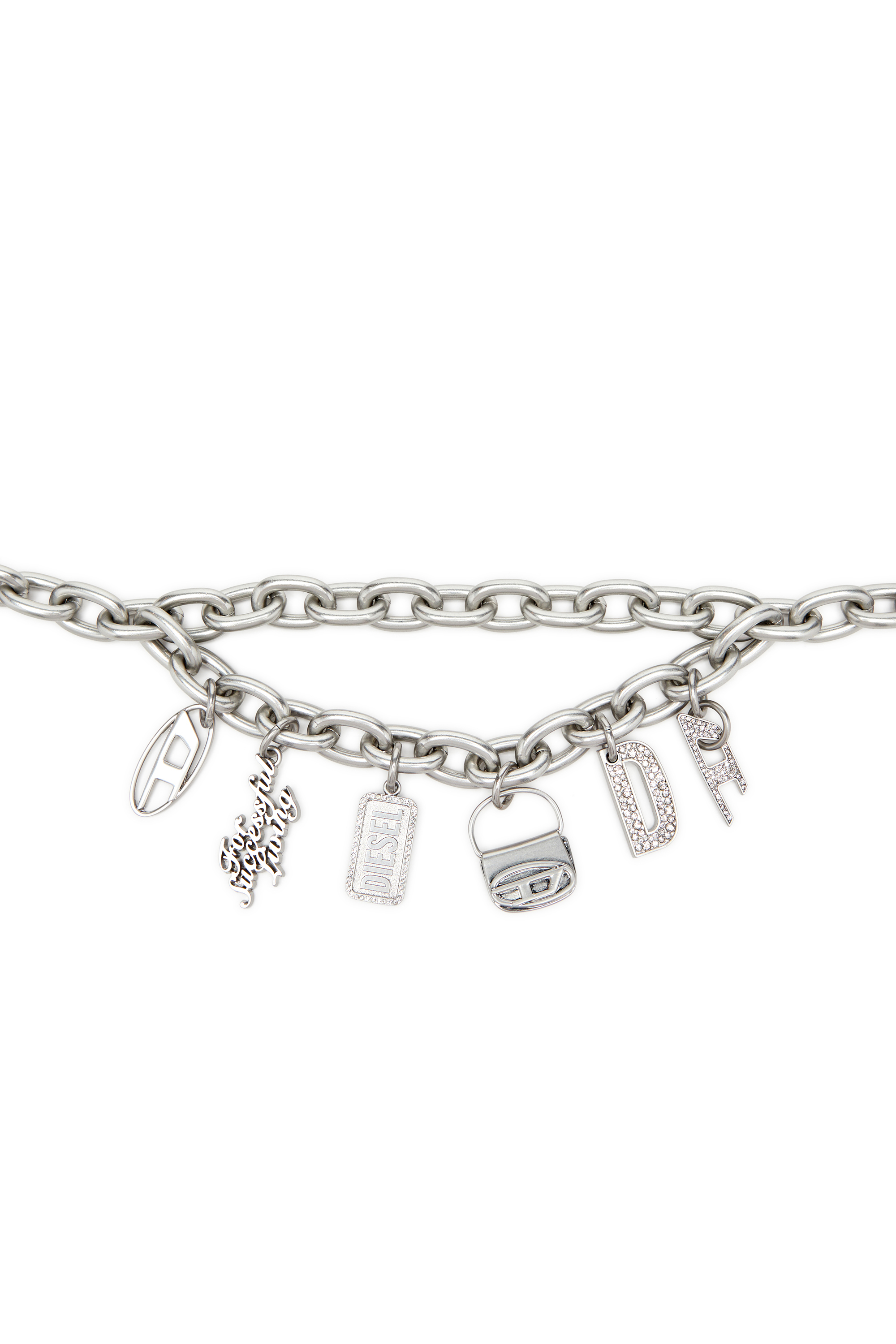 Diesel - B- MULTICHARM CHAIN, Damen 1cm Kettengürtel mit Logo-Anhänger in Silber - 3