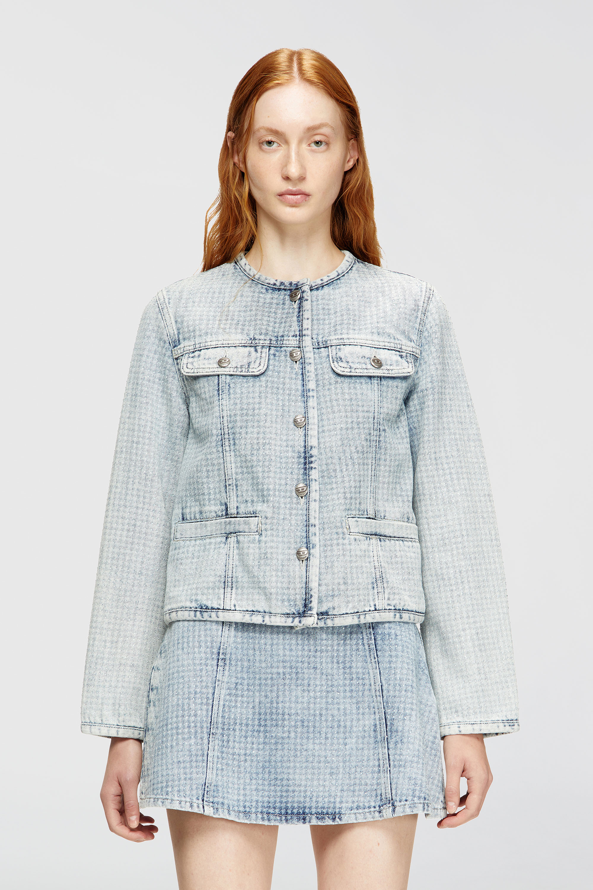 Diesel - DE-GRAFY-S, Damen Jacke aus grafischem Denim mit Kristallen in Hellblau - 3