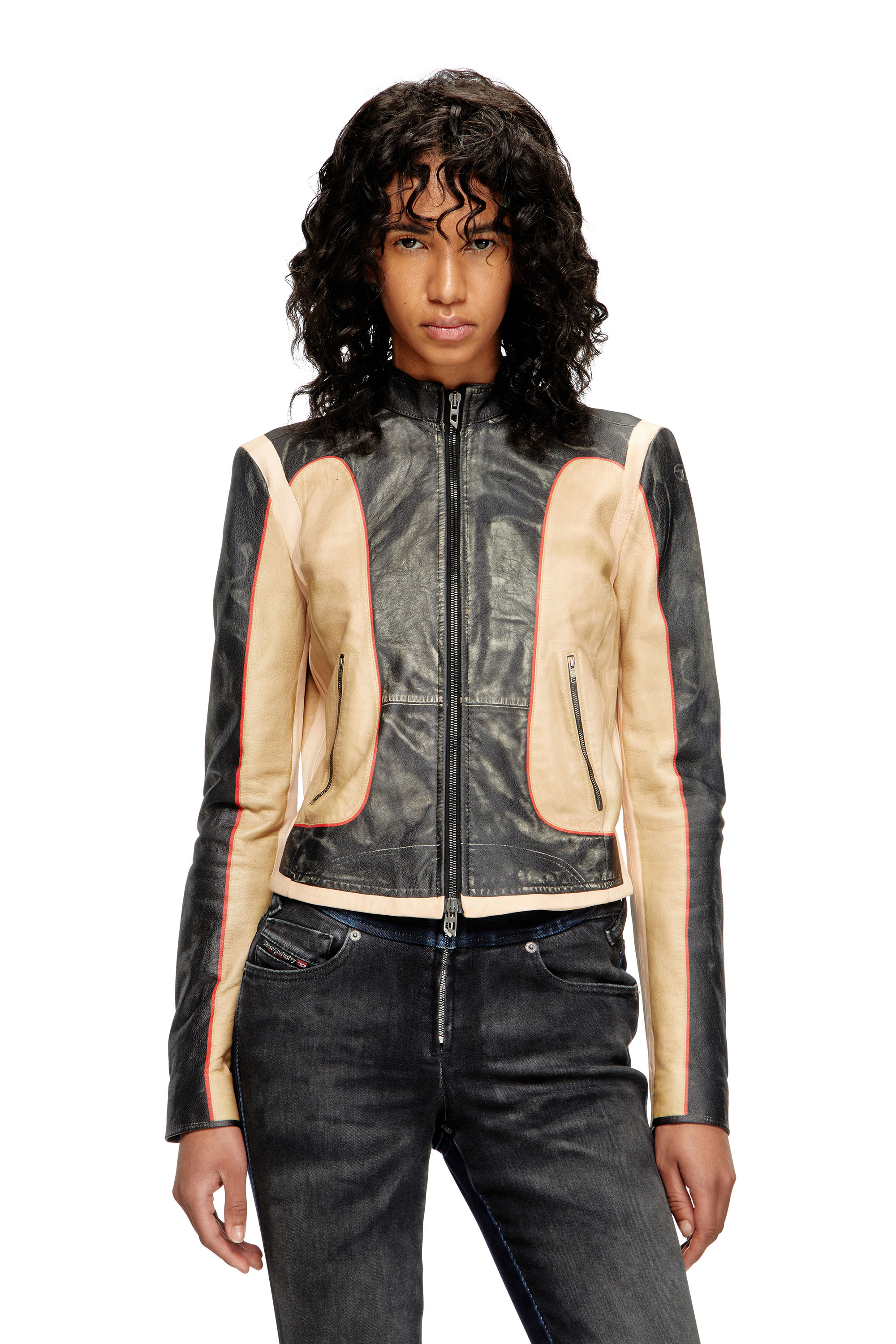 L-OONIE, Beige/Schwarz Diesel - L-OONIE, Damen Bikerjacke aus Leder in Trompe l'œil-Optik in Beige/Schwarz - 3