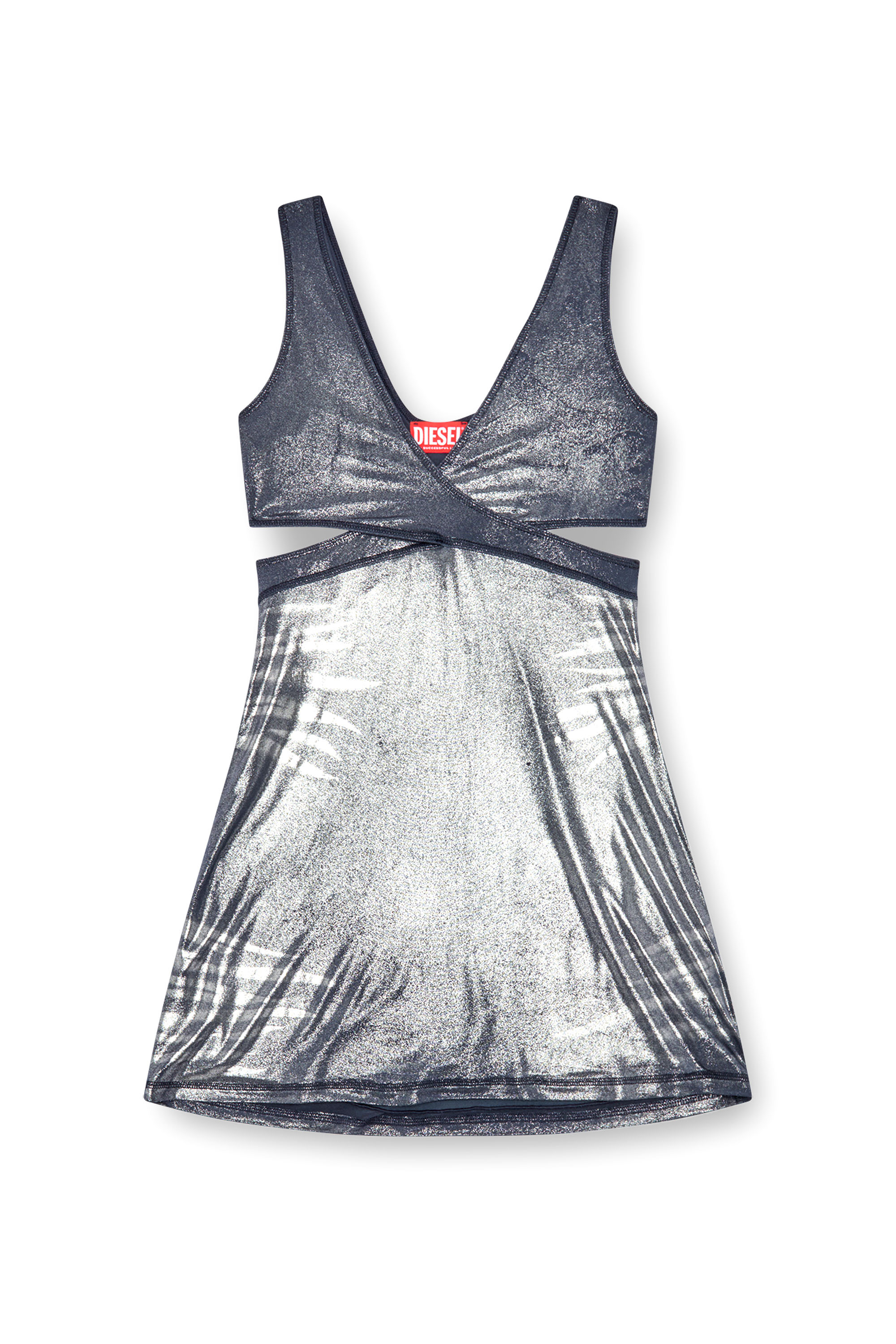 Diesel - D-FARFY, Woman's Short cut-out dress in metallic jersey in Blue/Grey - 1