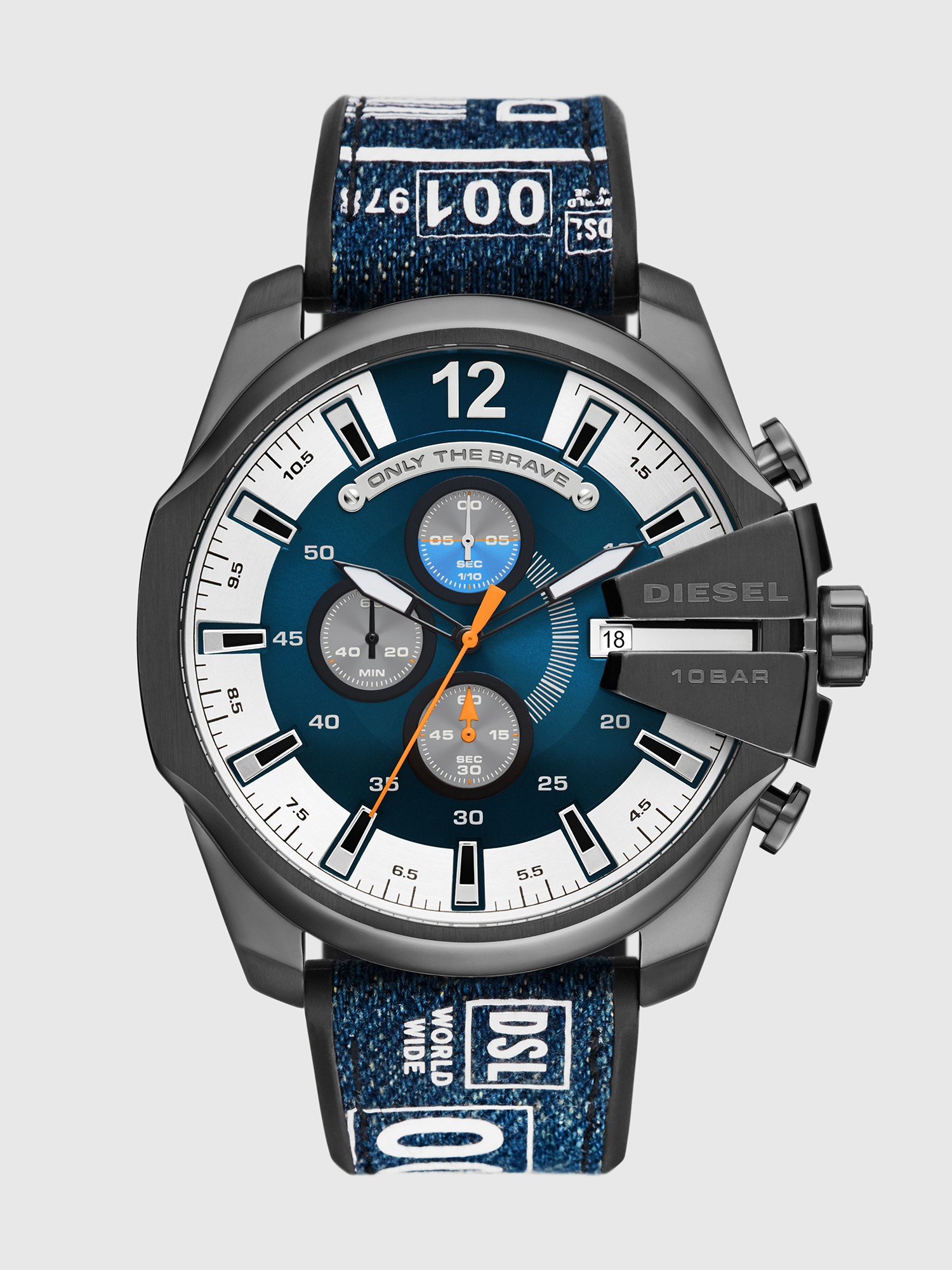 Diesel - DZ4541, Herren Mega Chief-Armbanduhr mit Chronographen-Uhrwerk und Denimarmband in Blau/Schwarz - 1