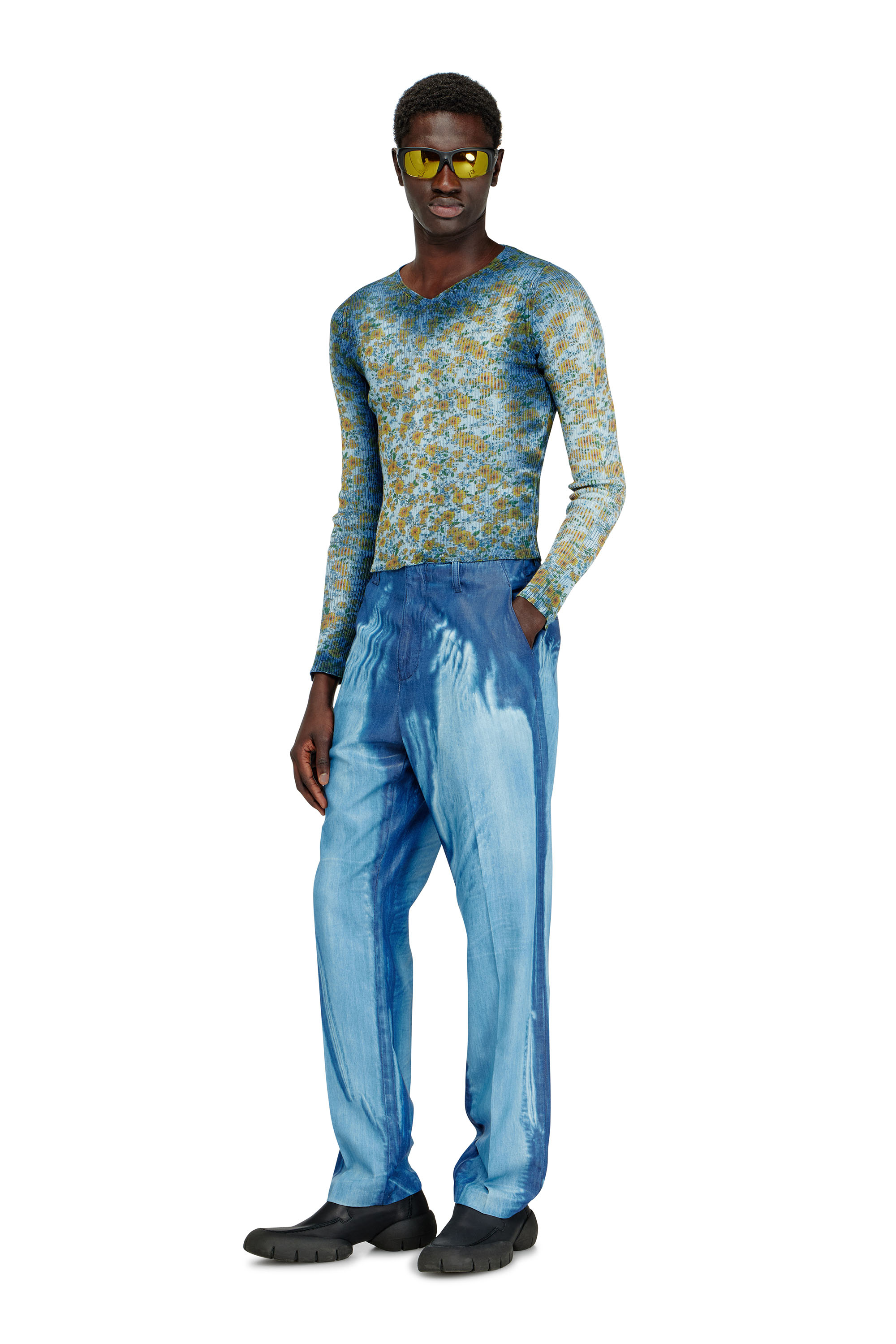 Diesel - M-EGE, Damen Rippenstrick-Top mit Blumenmuster im R&ouml;ntgen-Effekt in Blau - 3