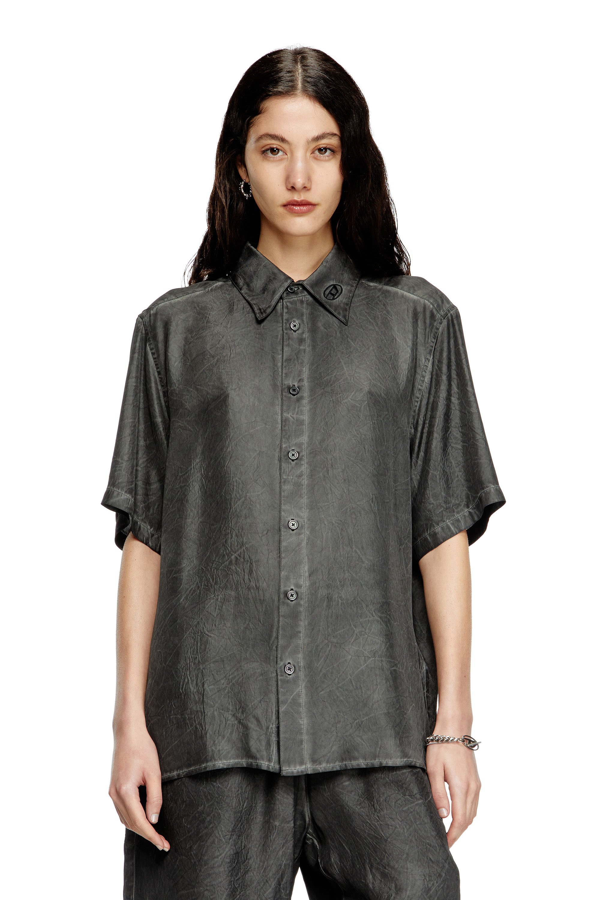 Diesel - S-LEON-SHORT, Unisex's Crinkled short-sleeve shirt with logo collar in Black - 5