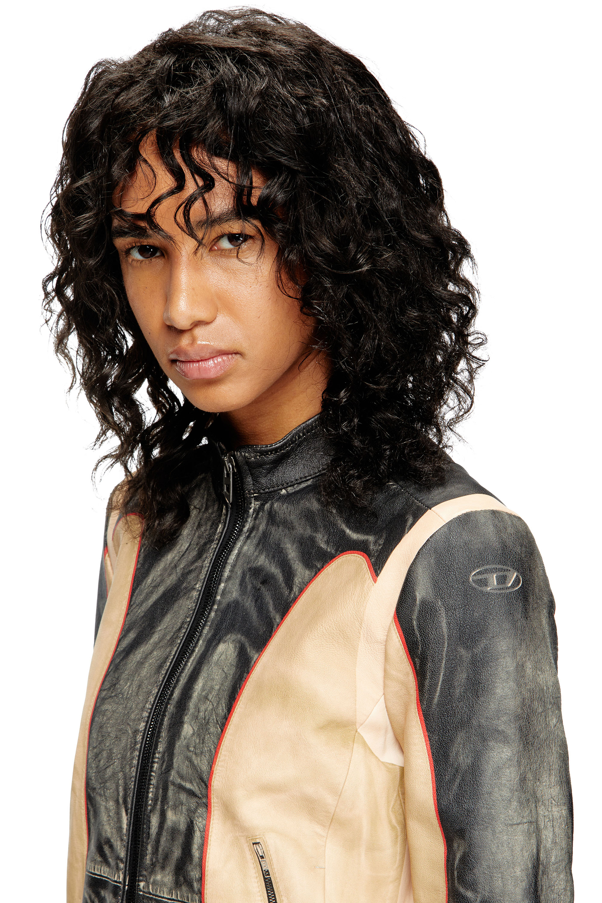 L-OONIE, Beige/Schwarz Diesel - L-OONIE, Damen Bikerjacke aus Leder in Trompe l'œil-Optik in Beige/Schwarz - 5