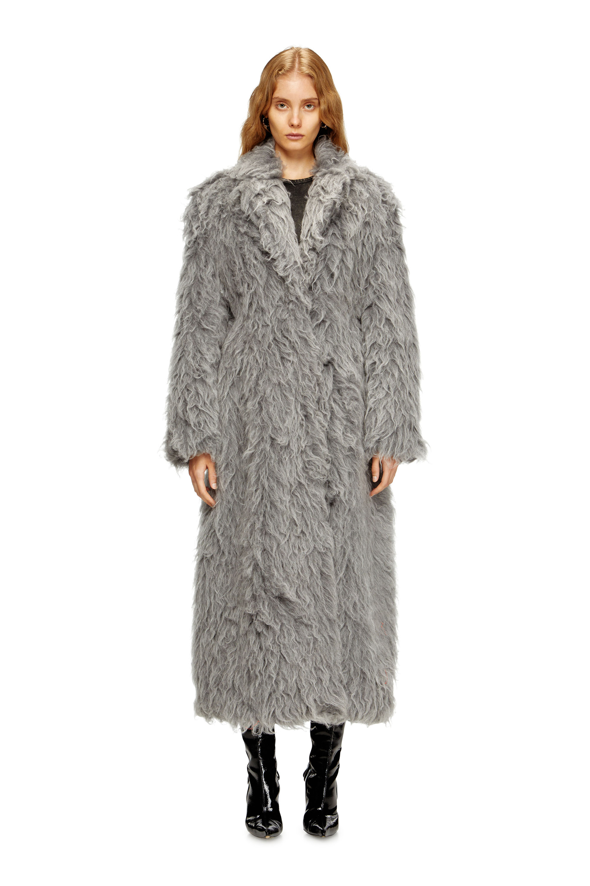 Diesel - W-GLAMO-R1, Damen Zotteliger Mantel in Grau - 1