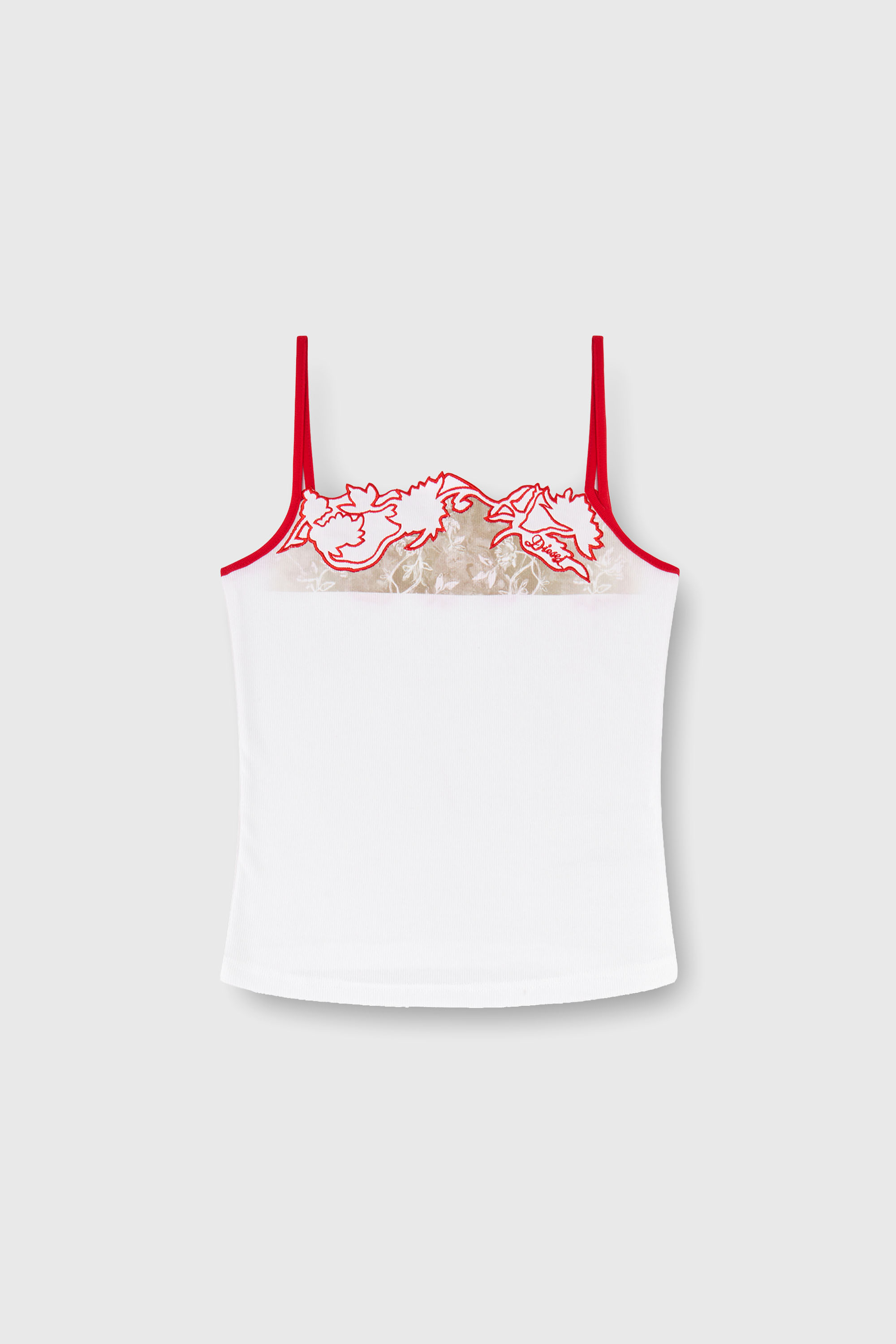 Diesel - T-EDNA, Damen Geripptes Camisole mit floraler Konturstickerei in Rot/Weiss - 2