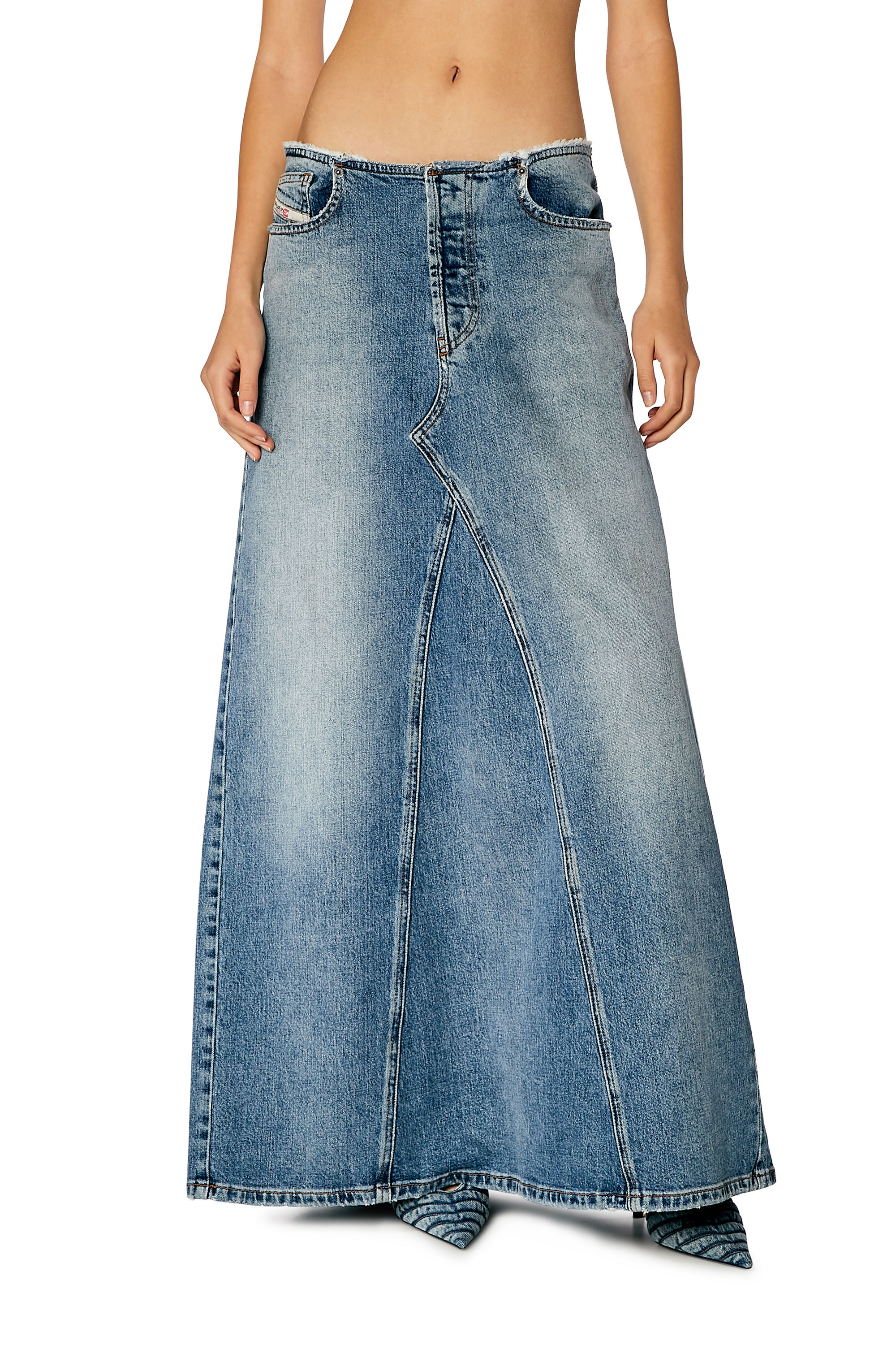 Diesel - DE-PAGO-S, Damen Langer Rock aus Komfortdenim in Mittelblau - 3