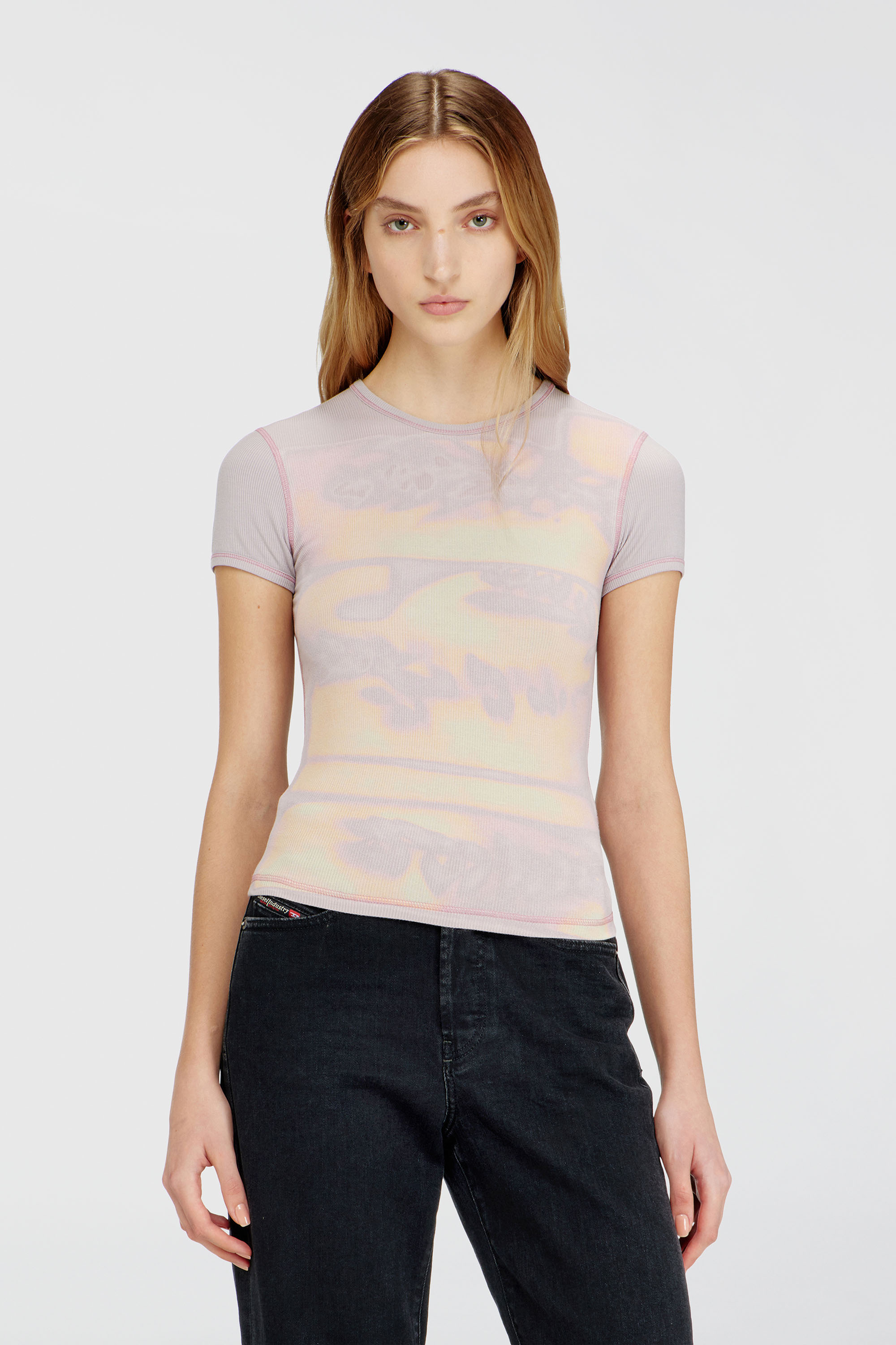 Diesel - T-ELE-LONG-AA1, Damen Schmal geschnittenes Jersey-Top mit Grafikdruck in Lila - 1