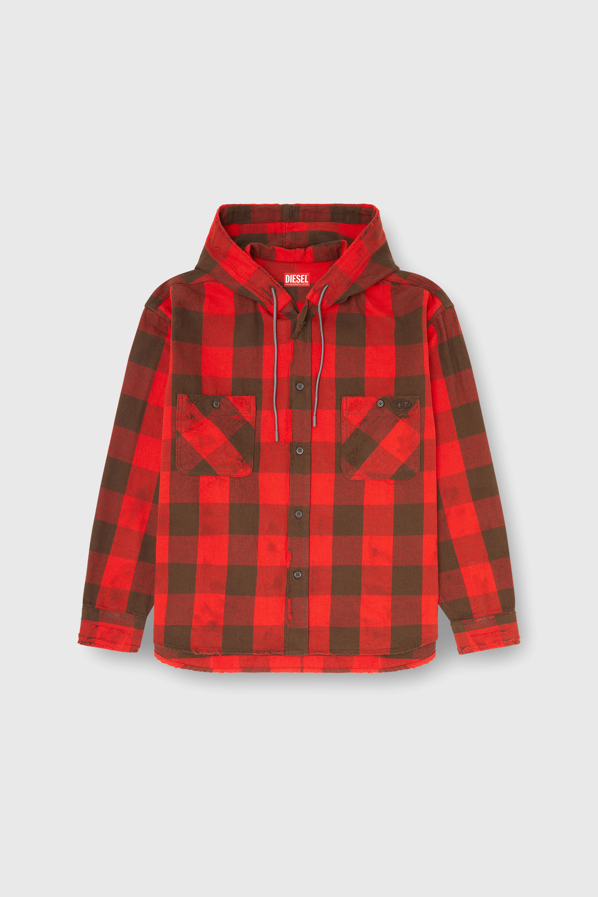 Diesel - S-DRUM-HOODY, Herren Kapuzenshirt aus distressed kariertem Flanell in Braun/Rot - 2
