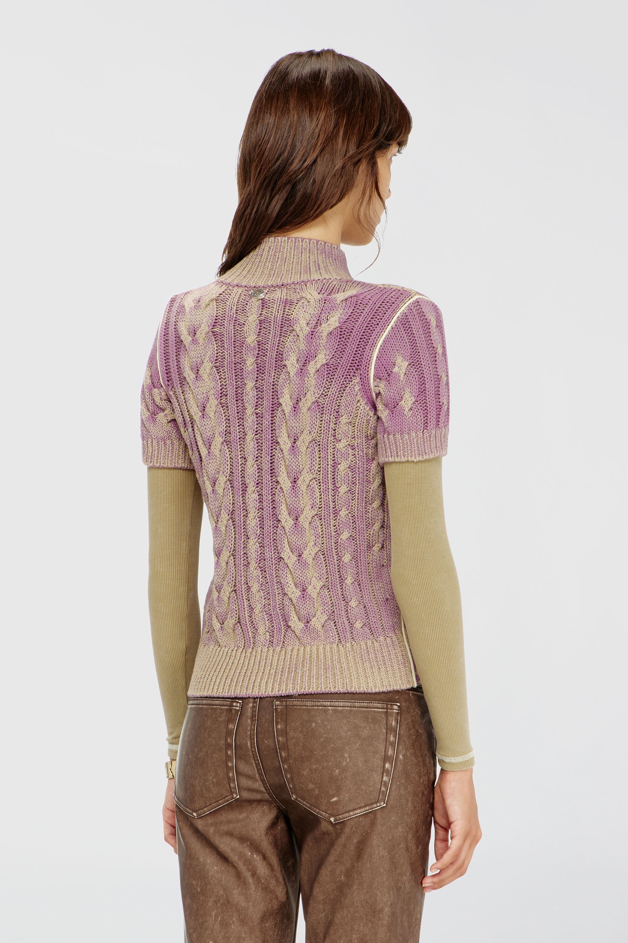Diesel - M-ELANA, Woman's Short-sleeve zip cardigan in cable knit in Beige/Violet - 4