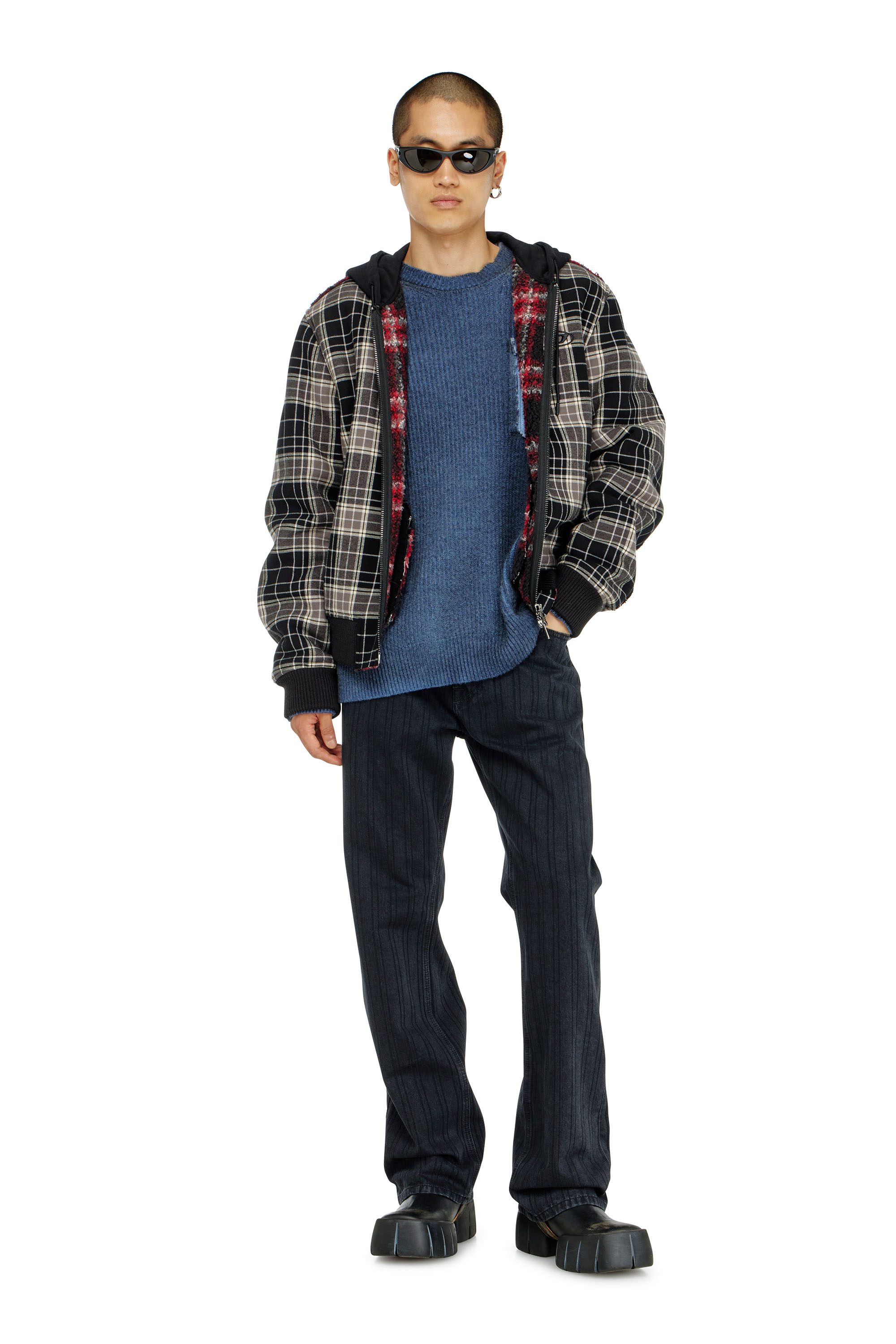 Diesel - W-KUNST, Herren Karo - Karo-bomberjacke mit flanellmuster und teddyfutter in Grau/Schwarz - 1
