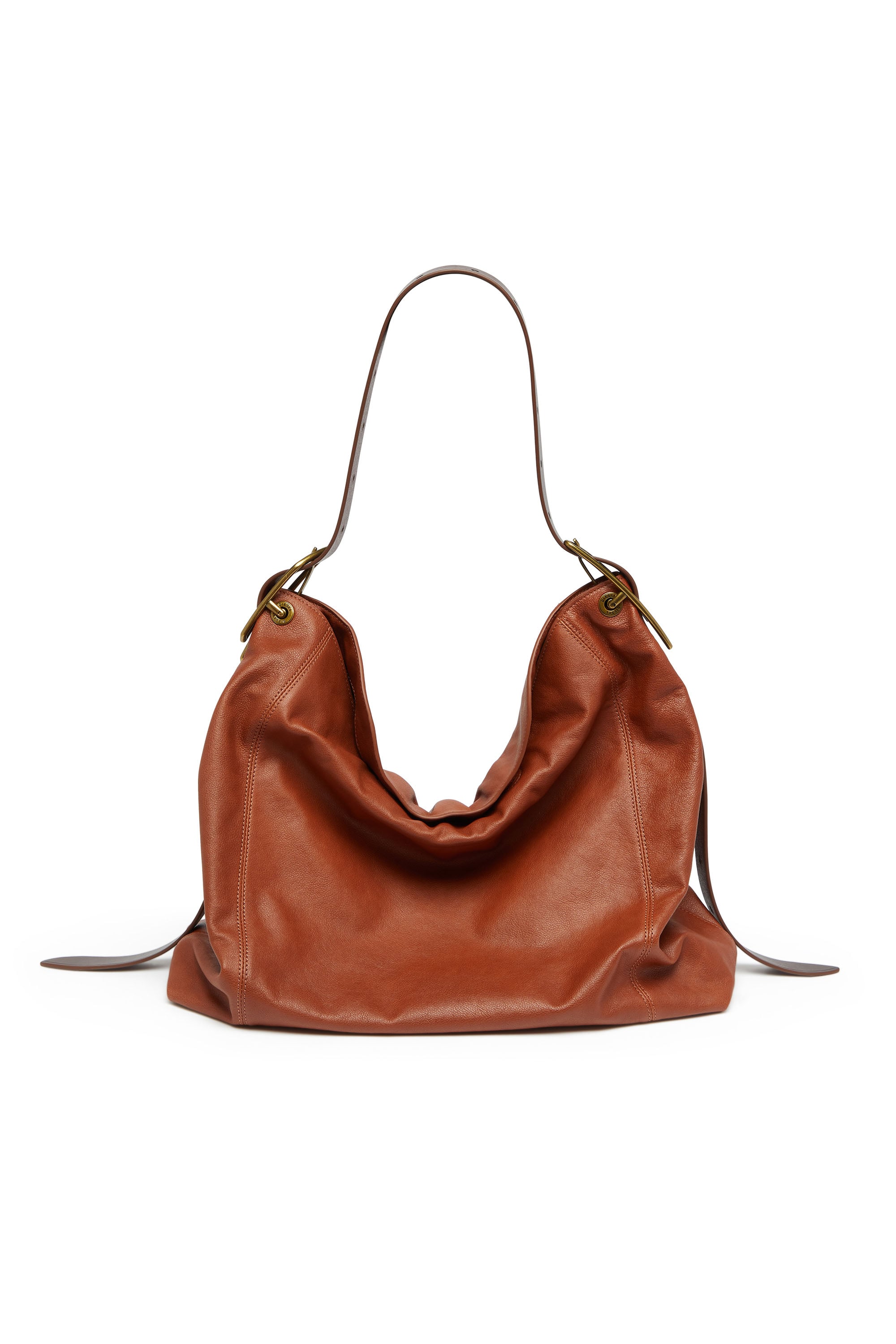 Diesel - D-LINE HOBO L, Damen D-Line-Hobo-Tasche aus gl&auml;nzendem, geknittertem Leder in Braun - 1