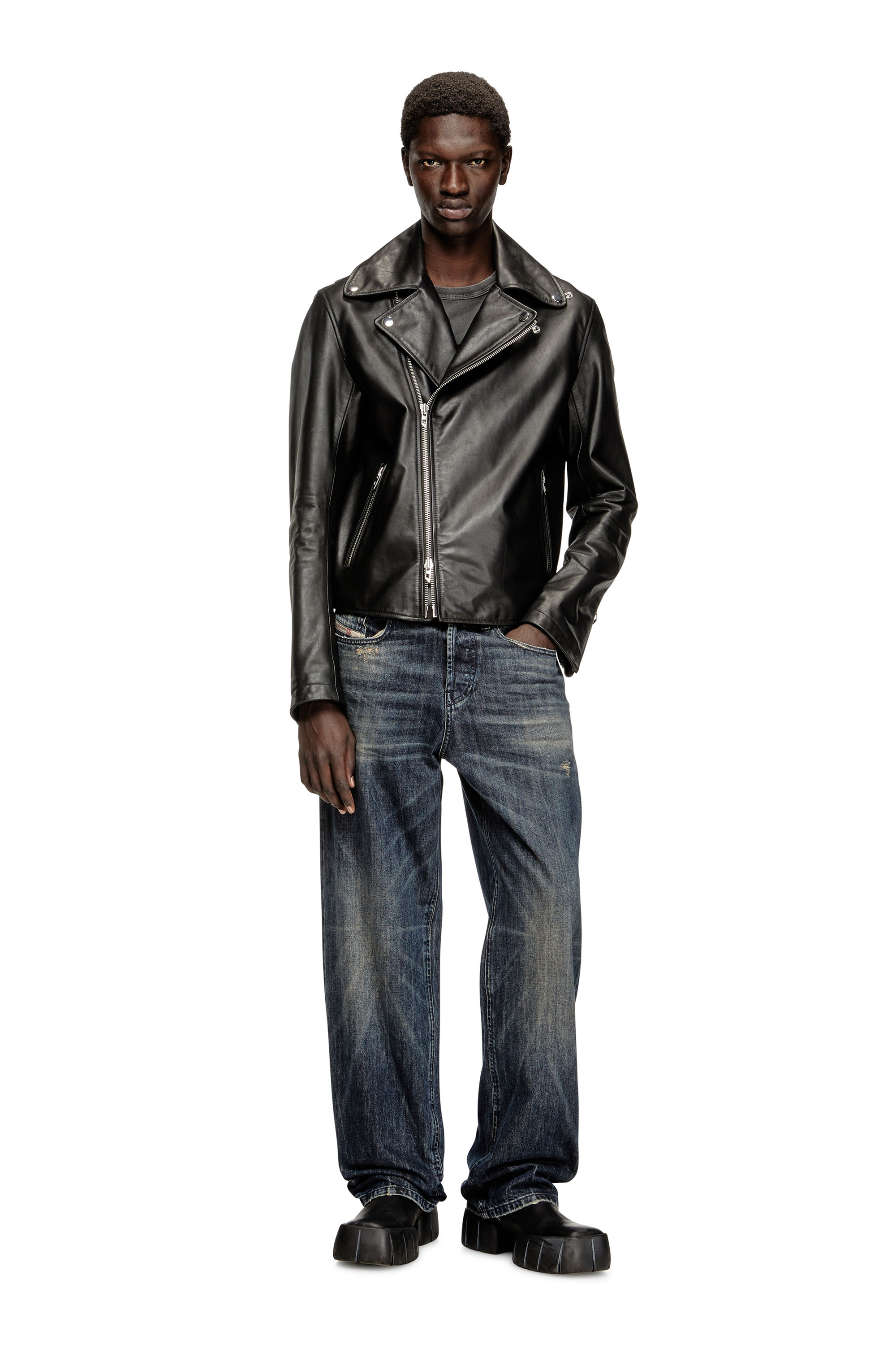 Diesel - L-EO-WRD, Herren Bikerjacke aus gewachstem Leder in Schwarz - 2