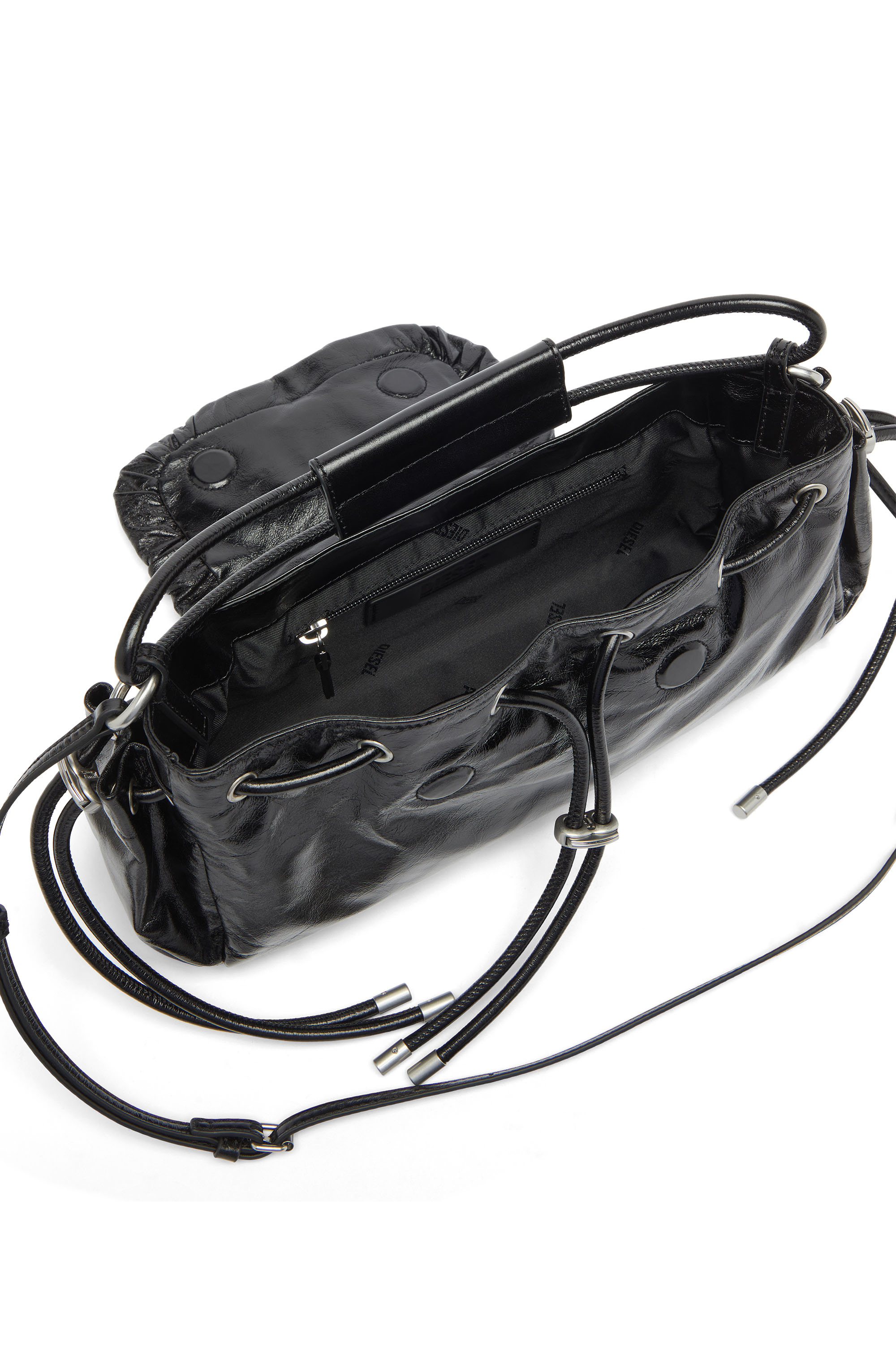 Diesel - SCRUNCH-D TOP HANDLE, Damen Scrunch-D - Top-Handle-Tasche aus gl&auml;nzendem Leder mit Falten in Schwarz - 3