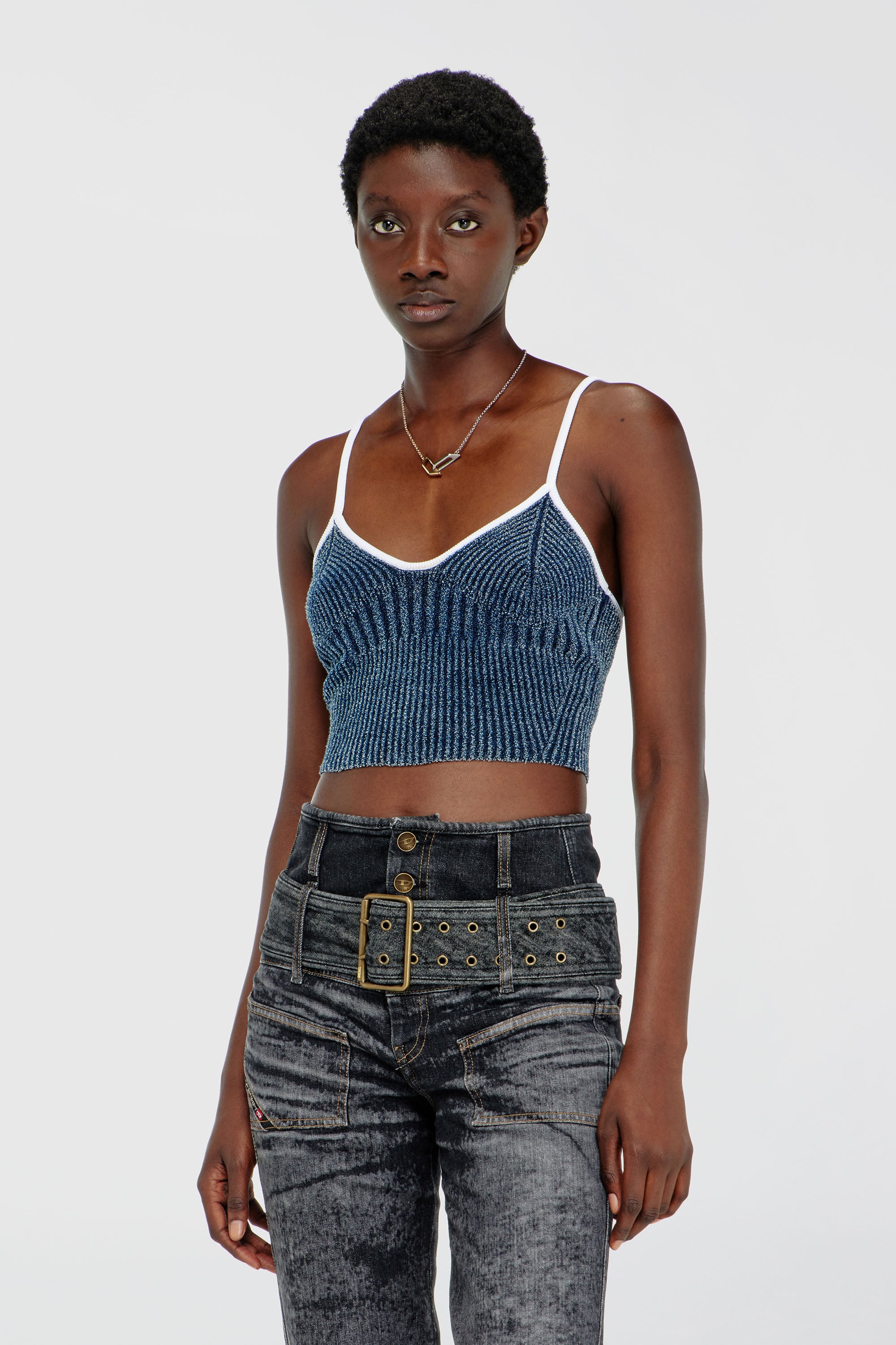 Diesel - M-ESTERE, Damen Crop-Top aus indigo boucl&eacute; Rippstrick in Blau/Weiss - 1