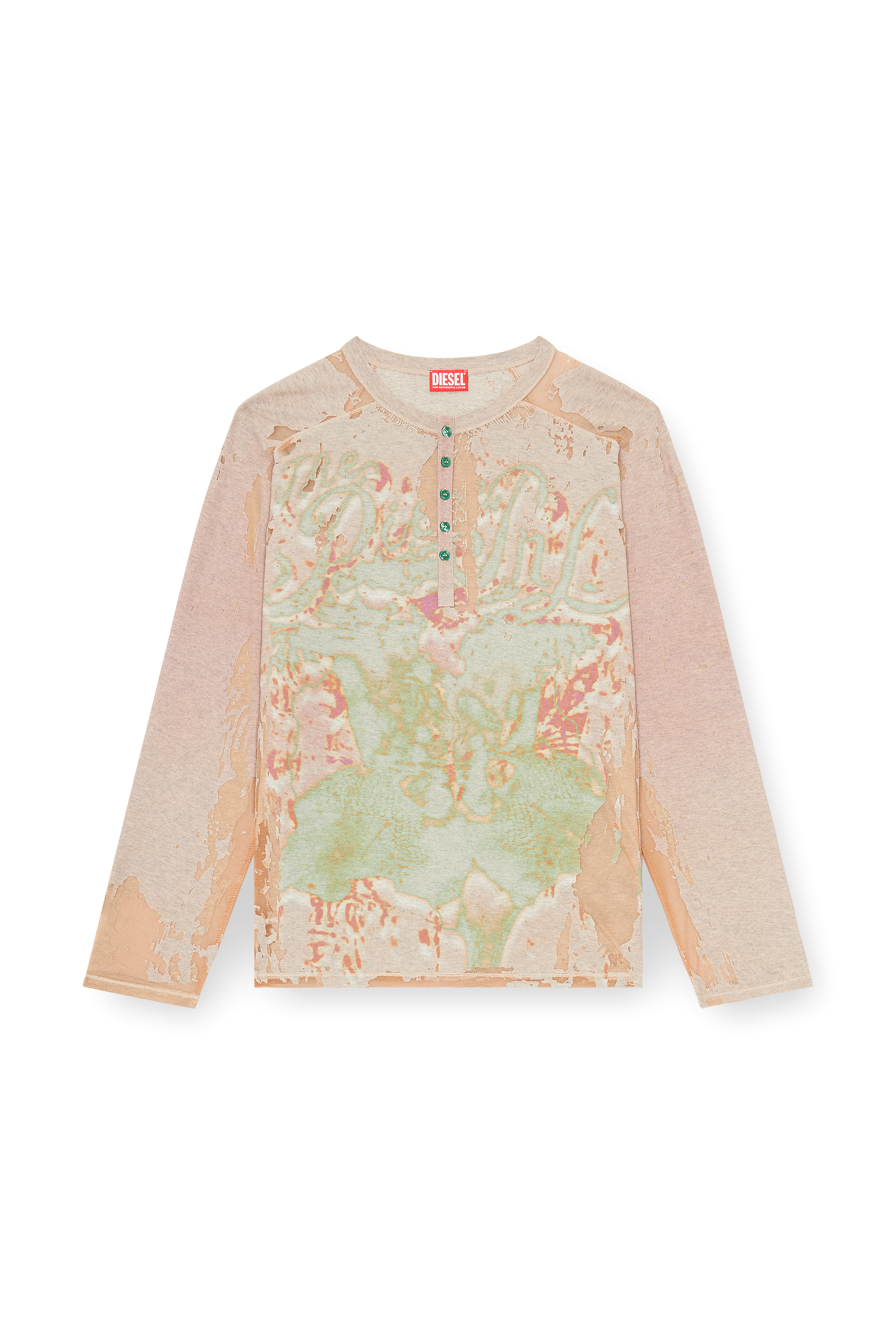 Diesel - T-LIVO-LS, Herren Henley-Shirt aus bedrucktem D&eacute;vor&eacute;-Jersey in Beige - 3
