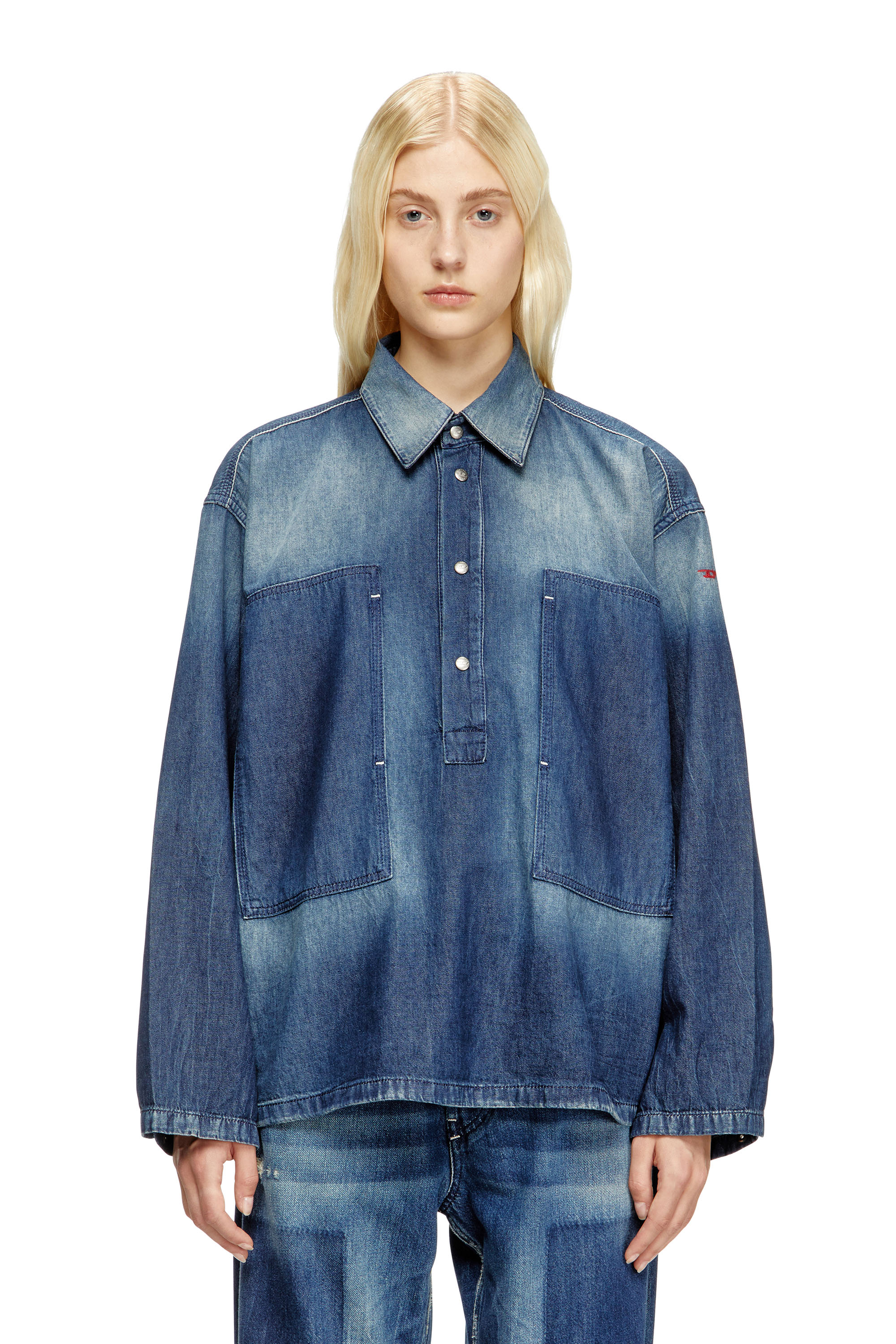 Diesel - DE-PRISS, Damen Henley-Oberteil in Kontrast-Effekt-Denim in Mittelblau - 1