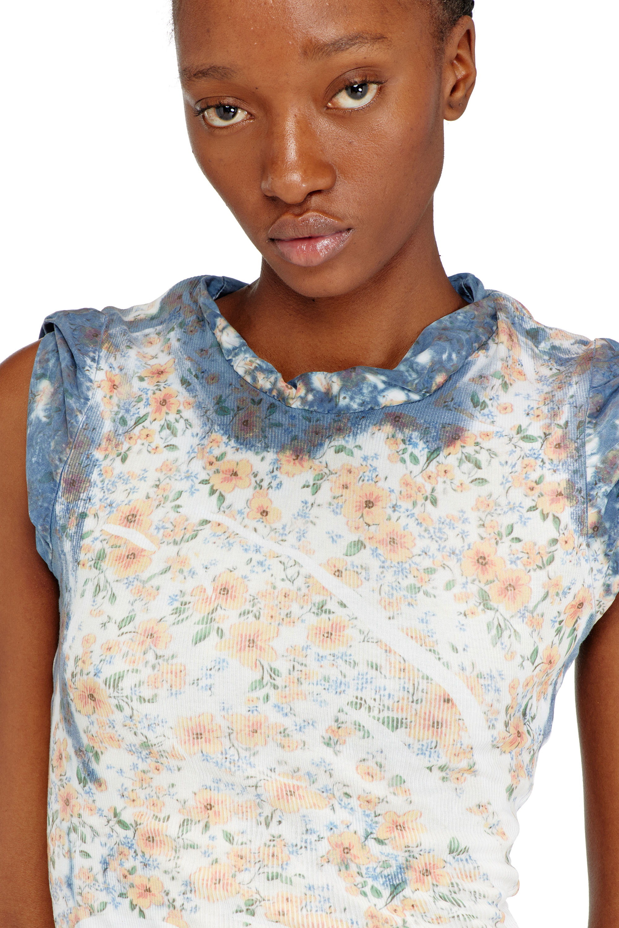 Diesel - D-AYANA, Damen Lagenkleid in Kurzform mit Blumenmuster im R&ouml;ntgen-Effekt in Beige/Blau - 4