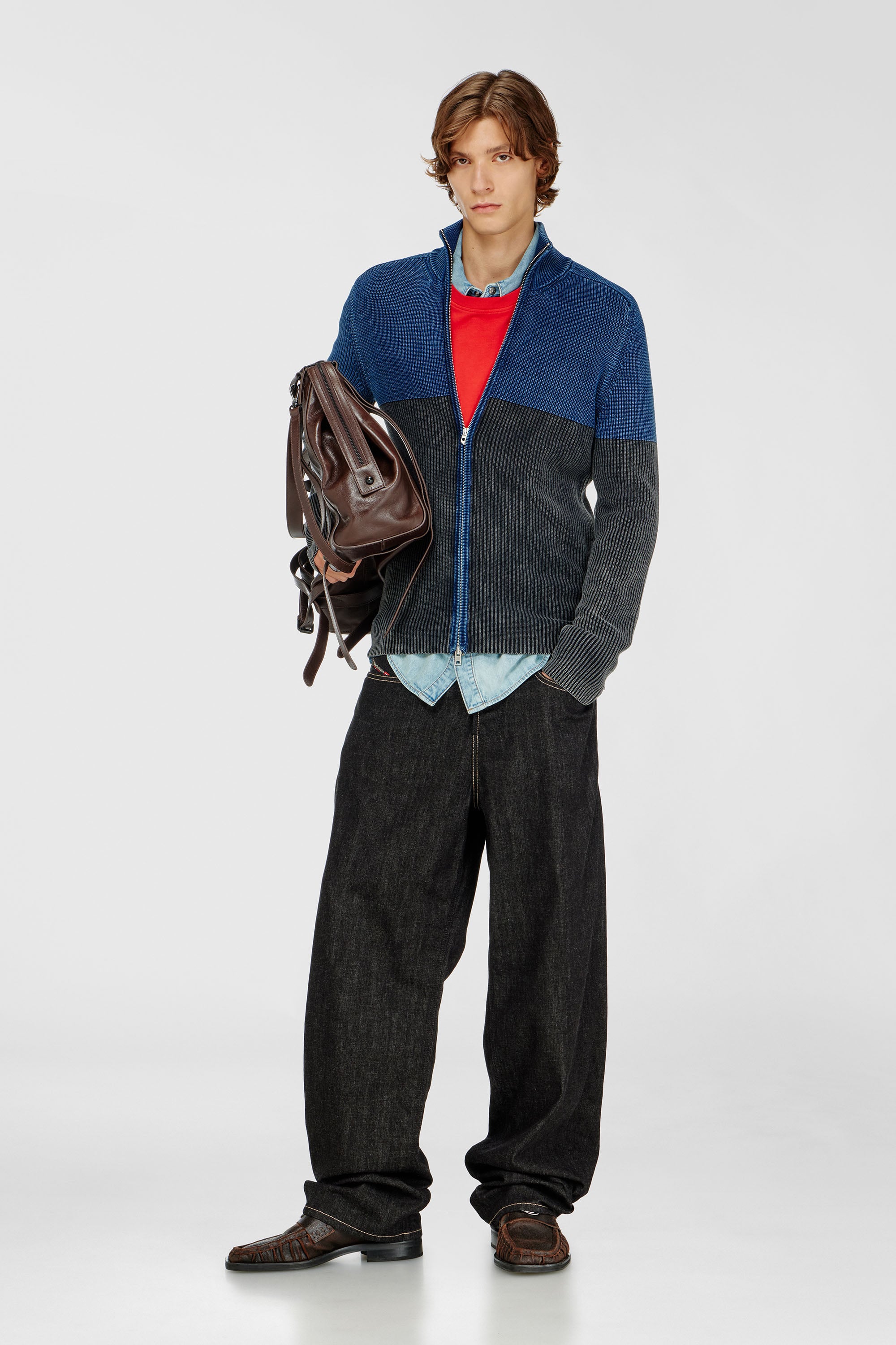 Diesel - K-HERMOS, Herren Strickjacke mit Zwei-Ton-Denim-Effekt und Rei&szlig;verschluss in Schwarz/Blau - 2