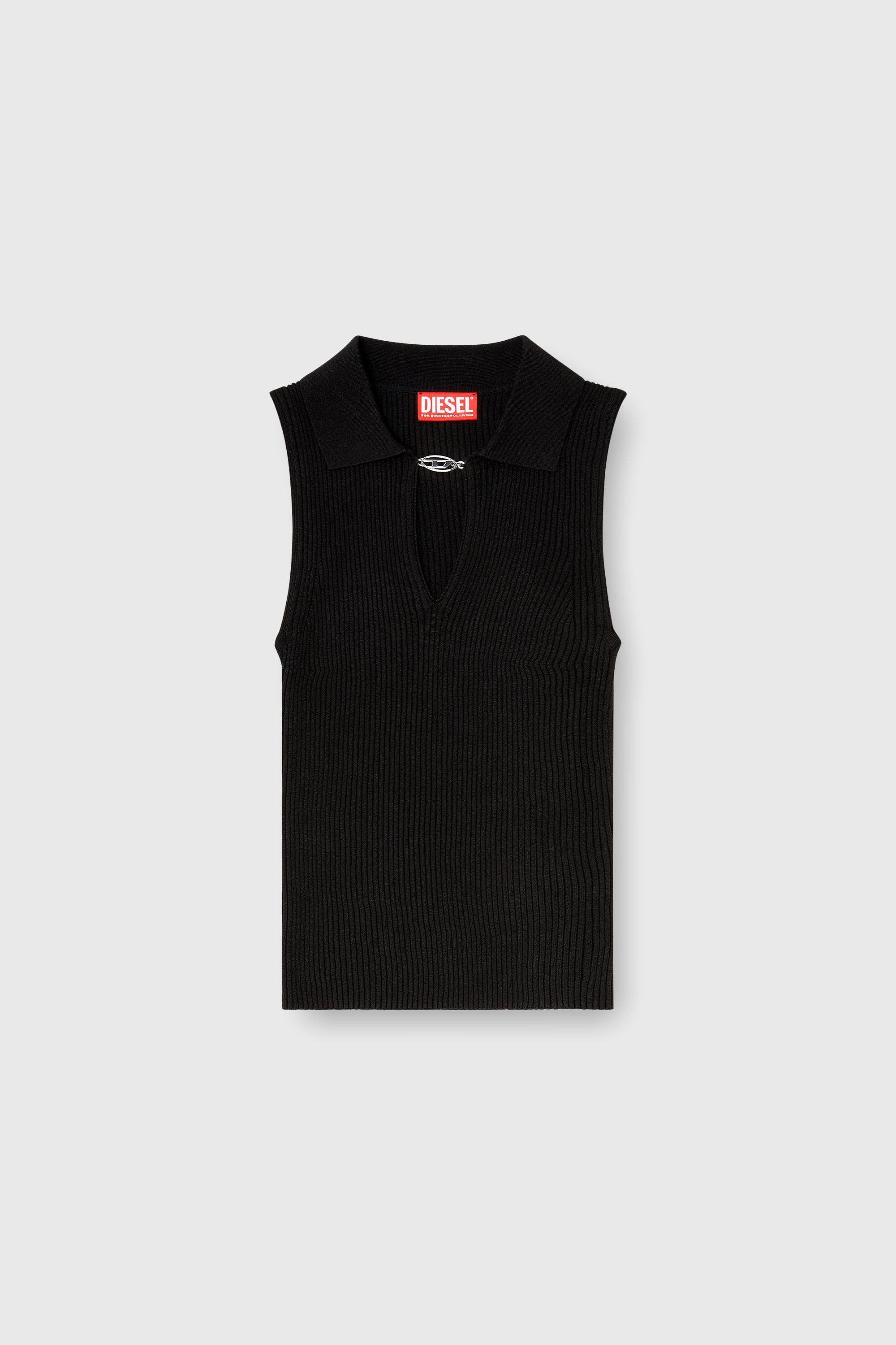 Diesel - M-LILITA, Damen &Auml;rmelloses Polo-Top aus Rippstrick mit Seidenmix in Schwarz - 2