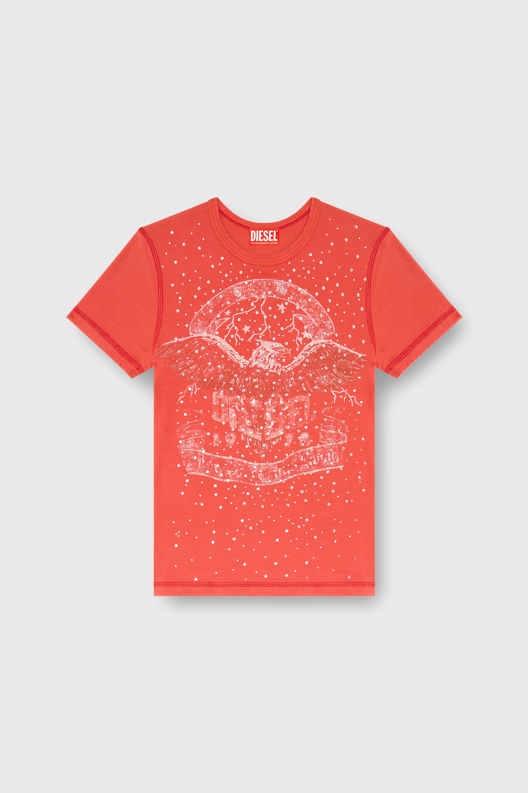 Diesel - T-MARSY-RIB-CRY, Damen T-Shirt mit Konzertgrafik und Kristallen in Rot - 2