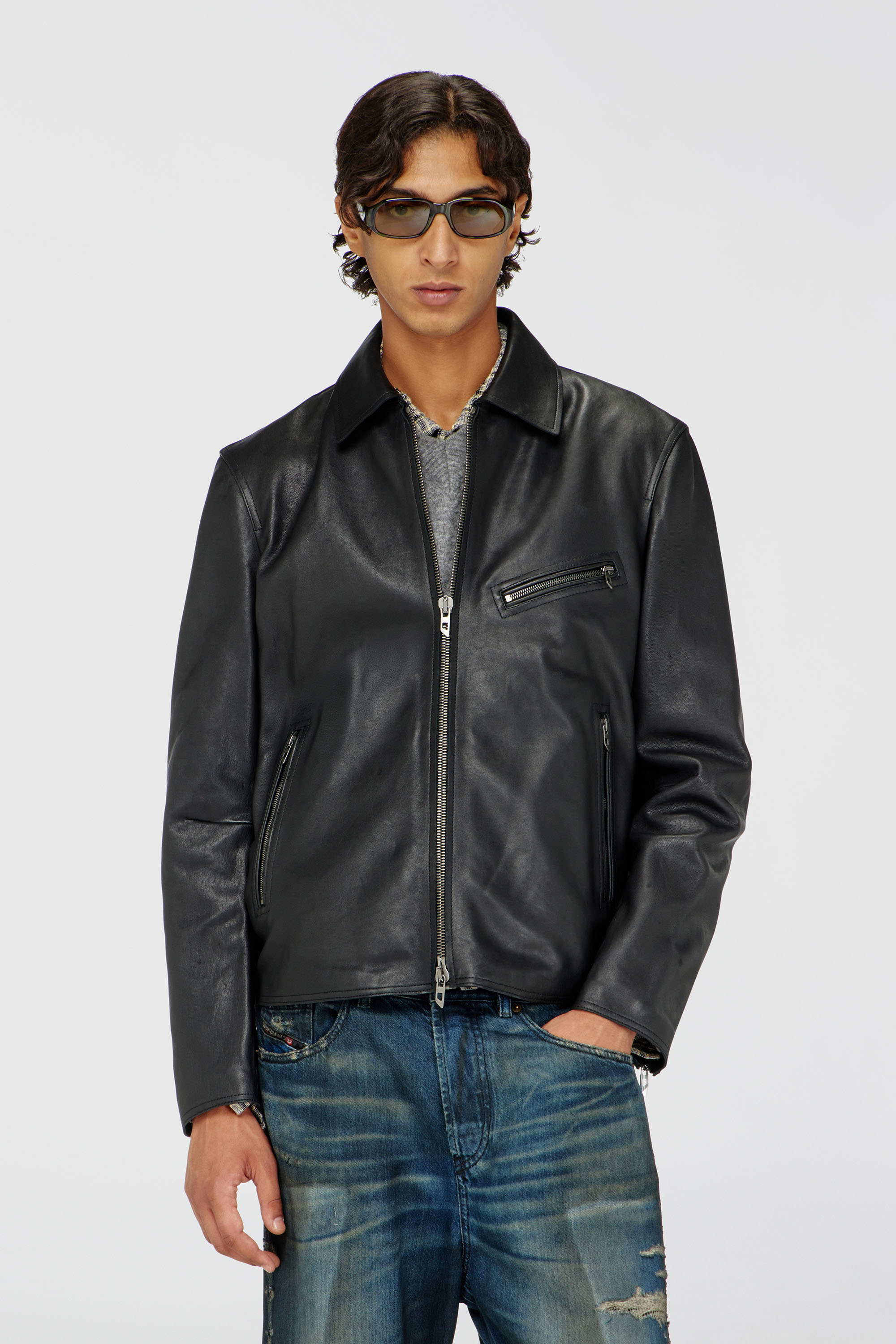 Diesel - L-KORN-A, Herren Jacke aus Leder mit Oval D-Pr&auml;gung in Schwarz - 1