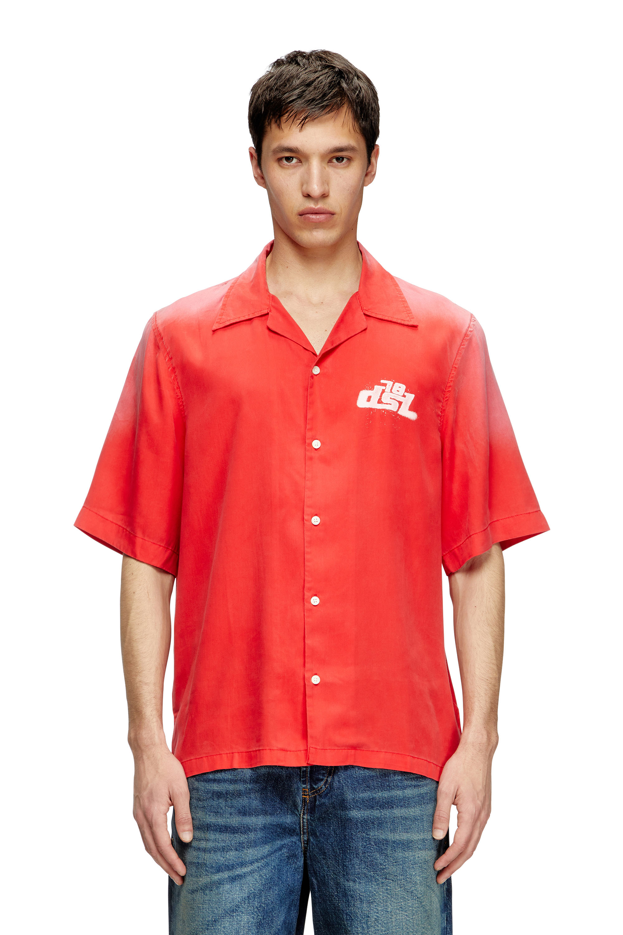 Diesel - S-ELLY, Herren Verblasstes Bowling-Hemd mit Logo-Prints in Rot - 1