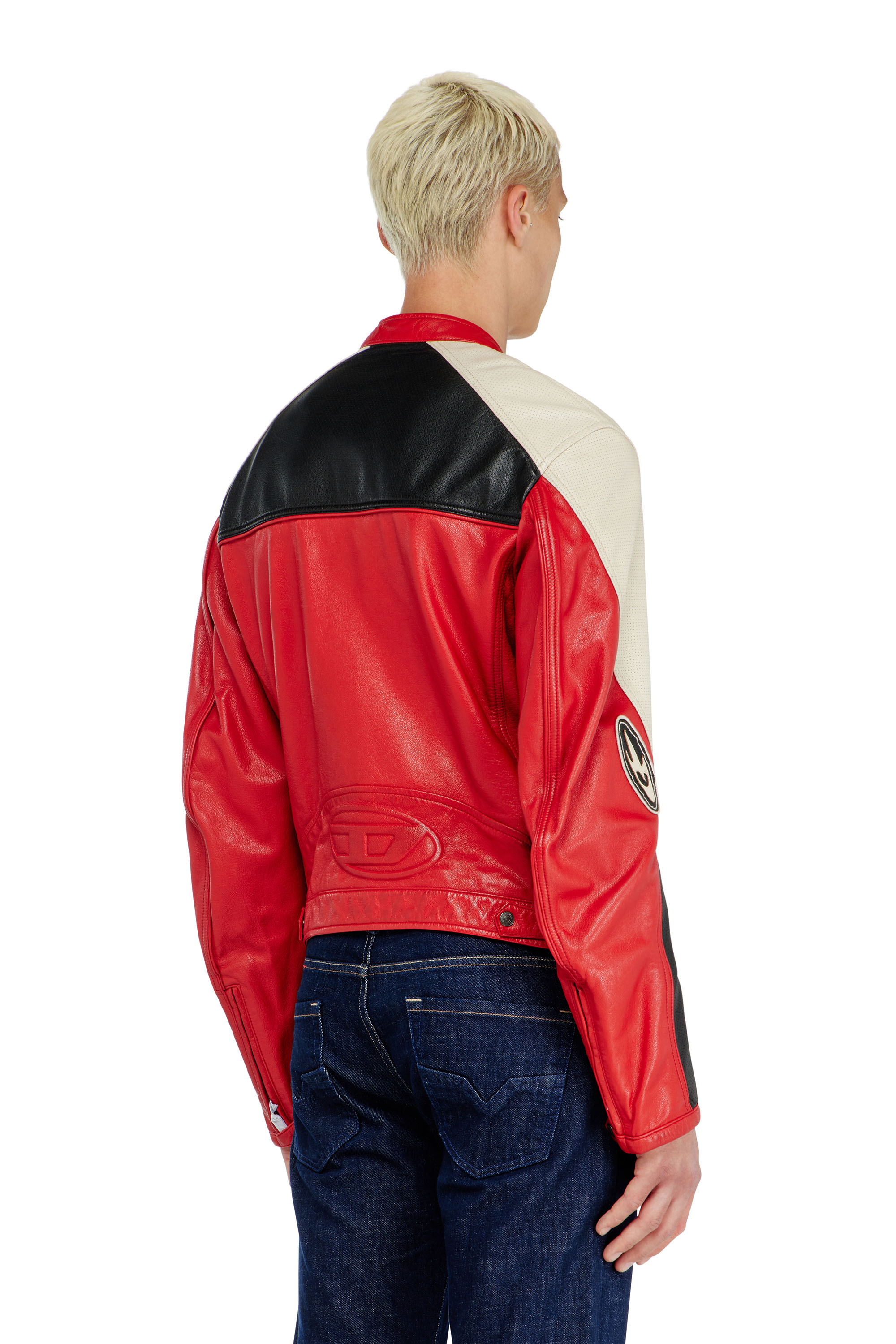 Diesel - L-AHTI, Herren Bikerjacke aus perforiertem Colour-Block-Leder in Beige/Rot - 4