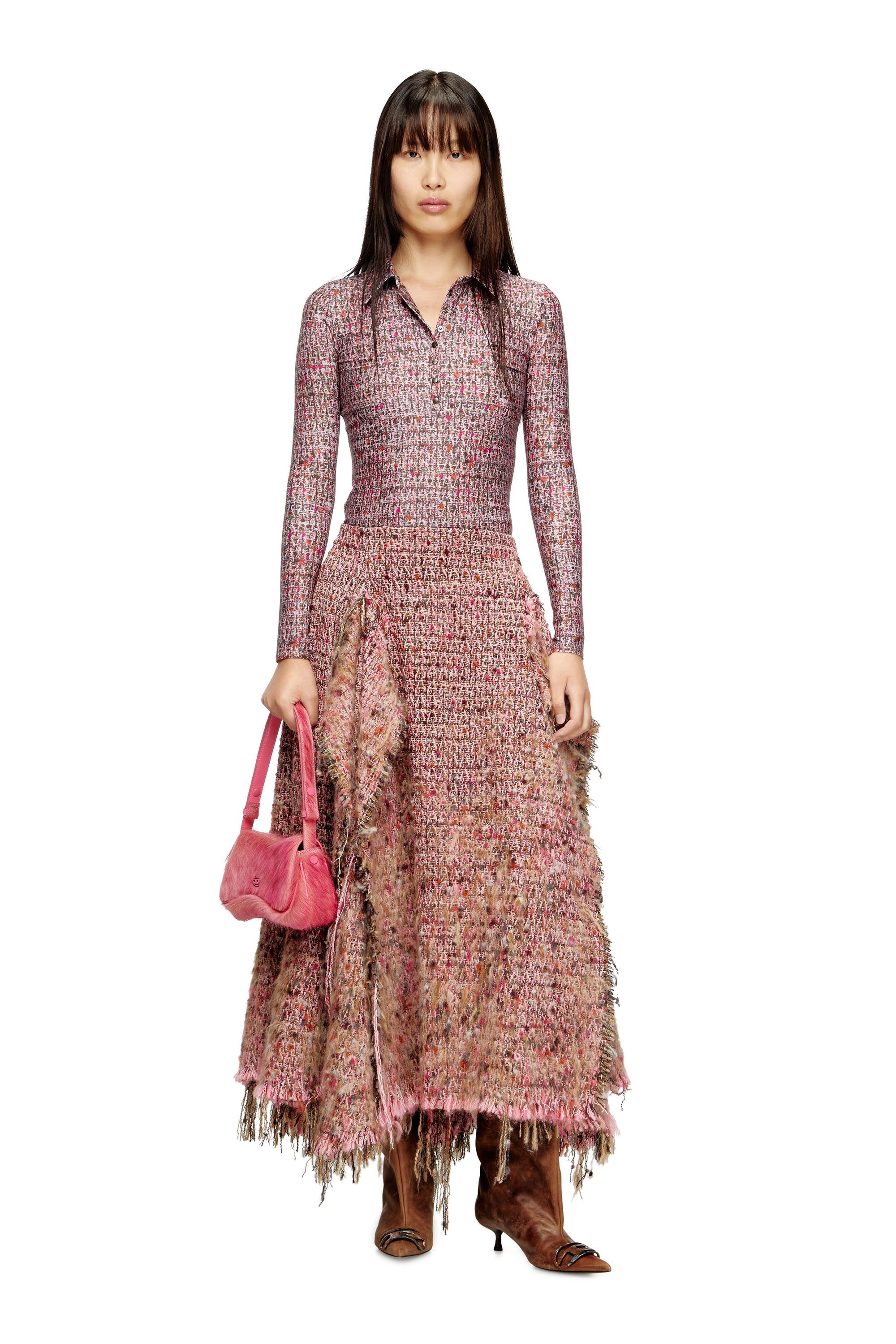 O-RIELLA, Rosa Diesel - O-RIELLA, Damen Gebürsteter Bouclé-Rock mit ausgefranstem Saum in Rosa - 1