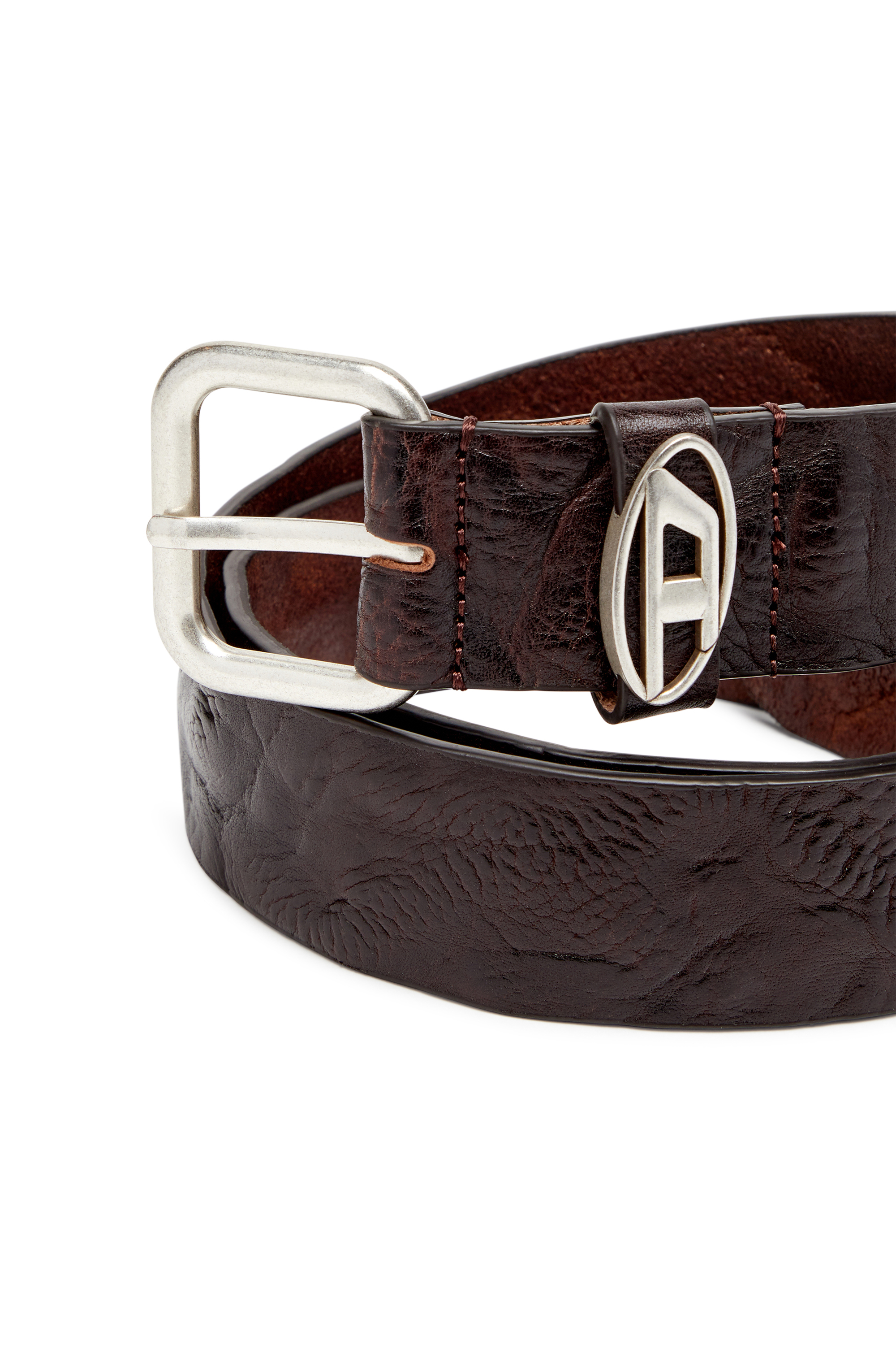 Diesel - B-1DR OVAL D LOOP, Unisex Logo-plaque wrinkled leather belt in Dunkelbraun - 3